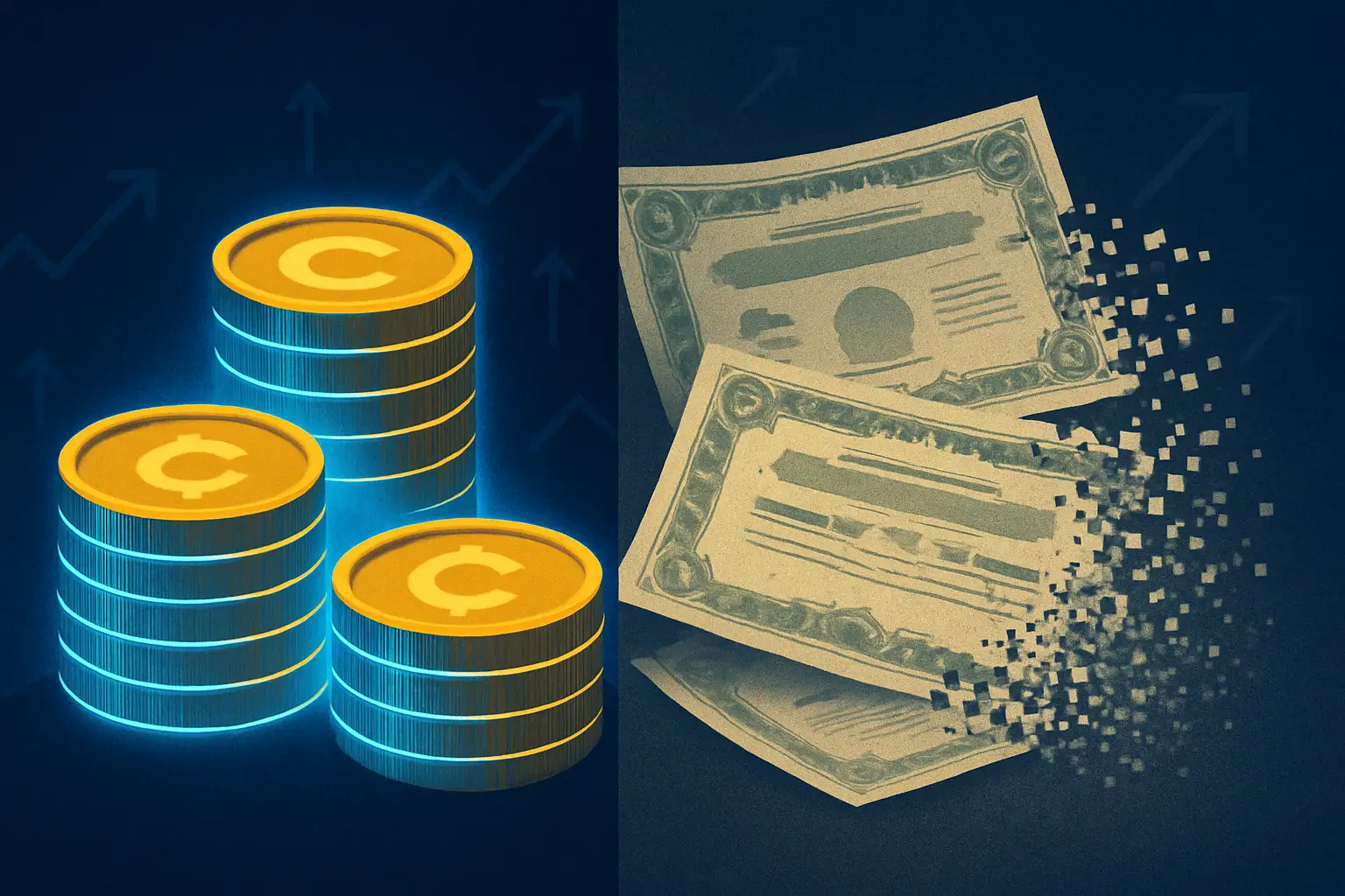 Abstract illustration of rising Bitcoin coins alongside stock market share certificates on a split background