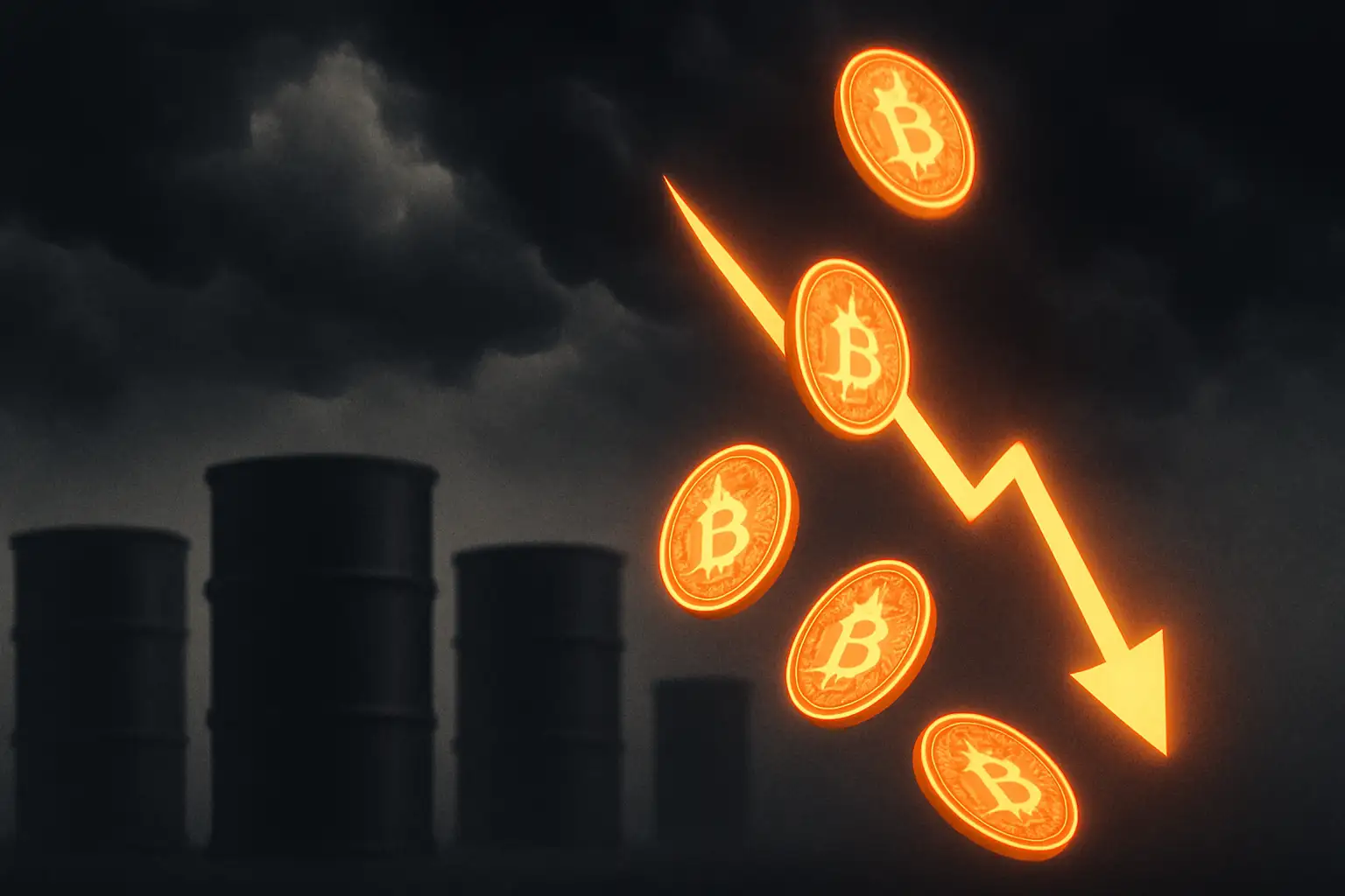 Digital cryptocurrency coins falling against a backdrop of oil barrels and a tense global map