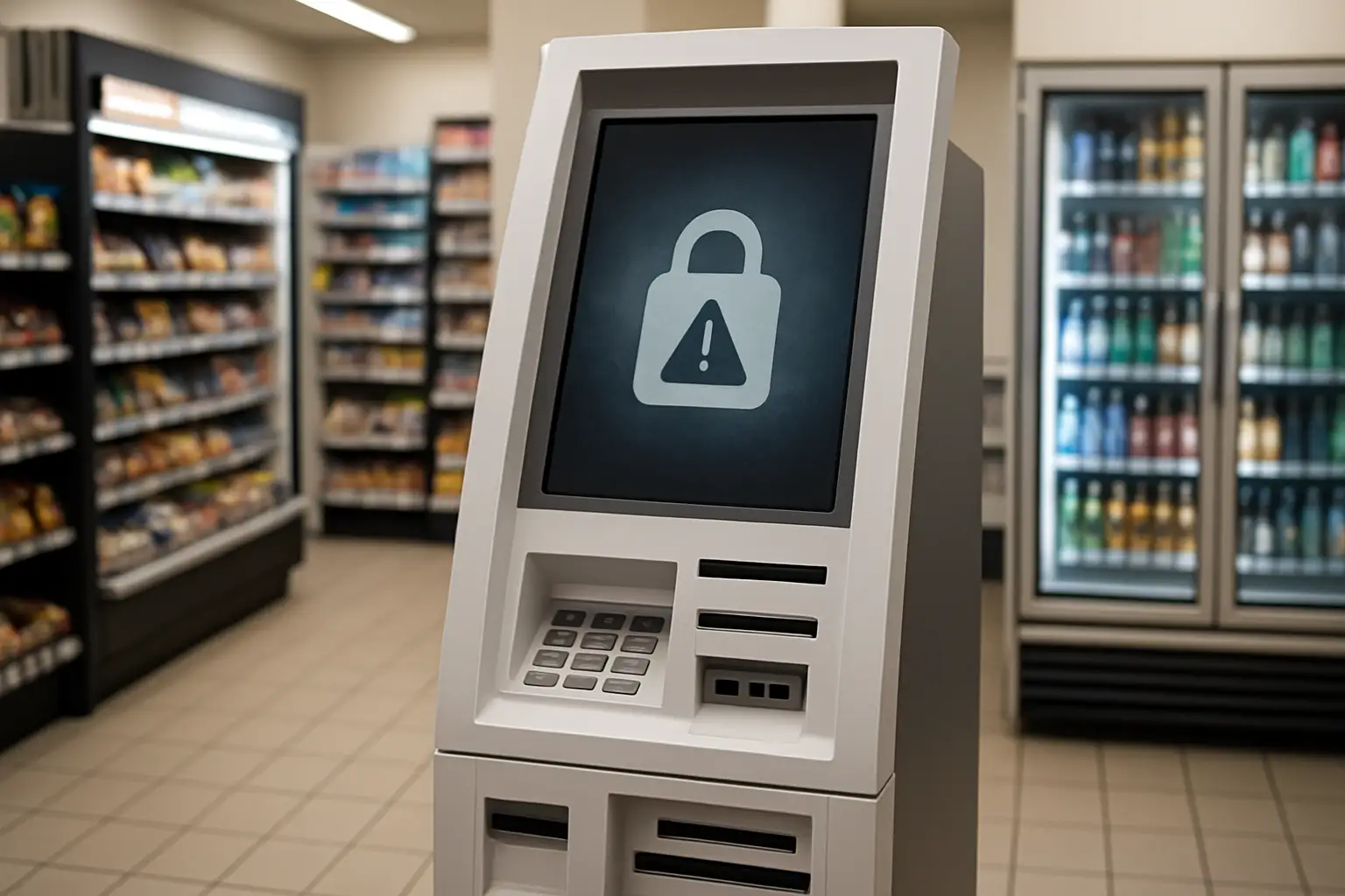 A crypto kiosk ATM machine inside a convenience store with a caution symbol overlay