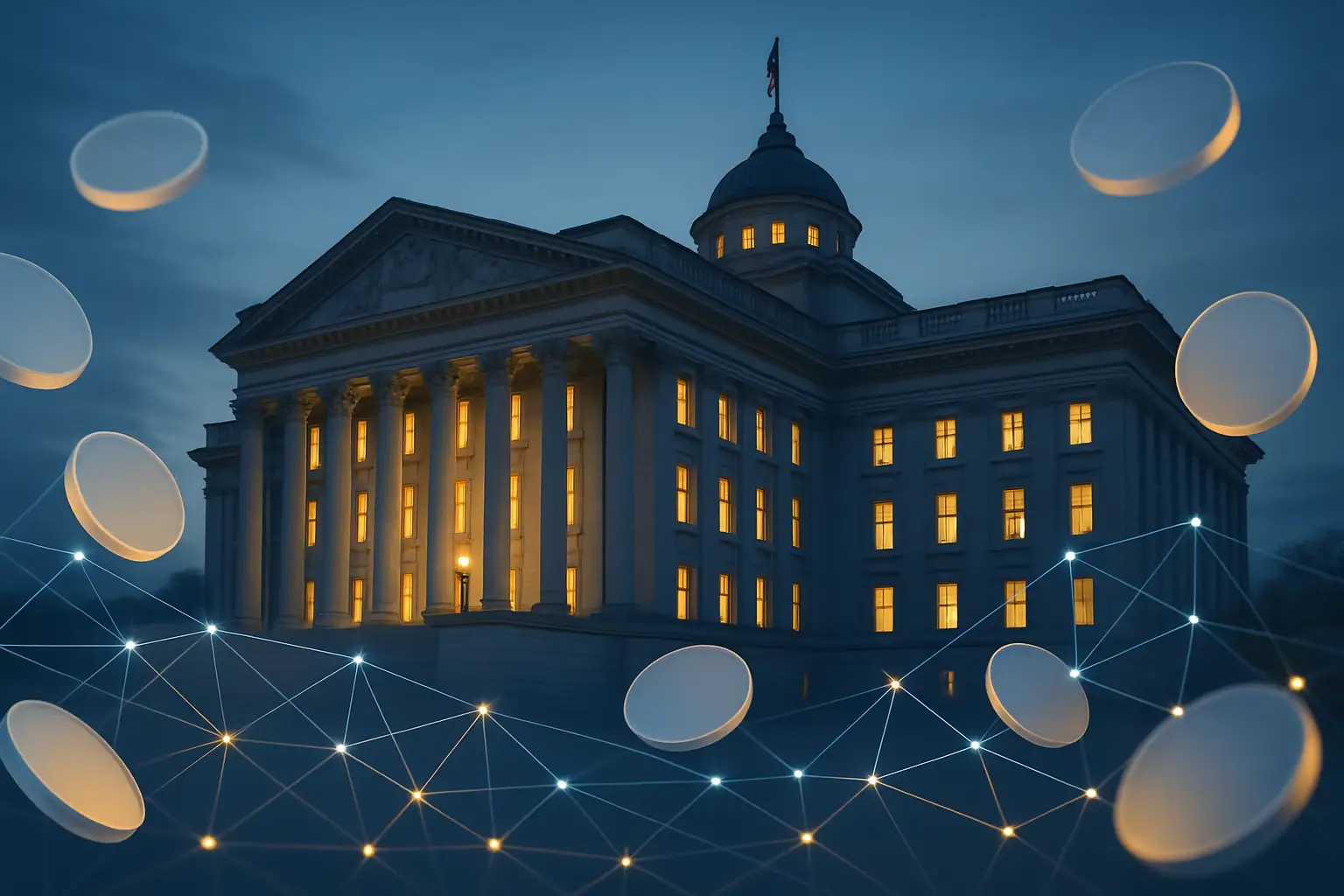 Minnesota state capitol building with digital currency symbols overlaid on a blue-toned background