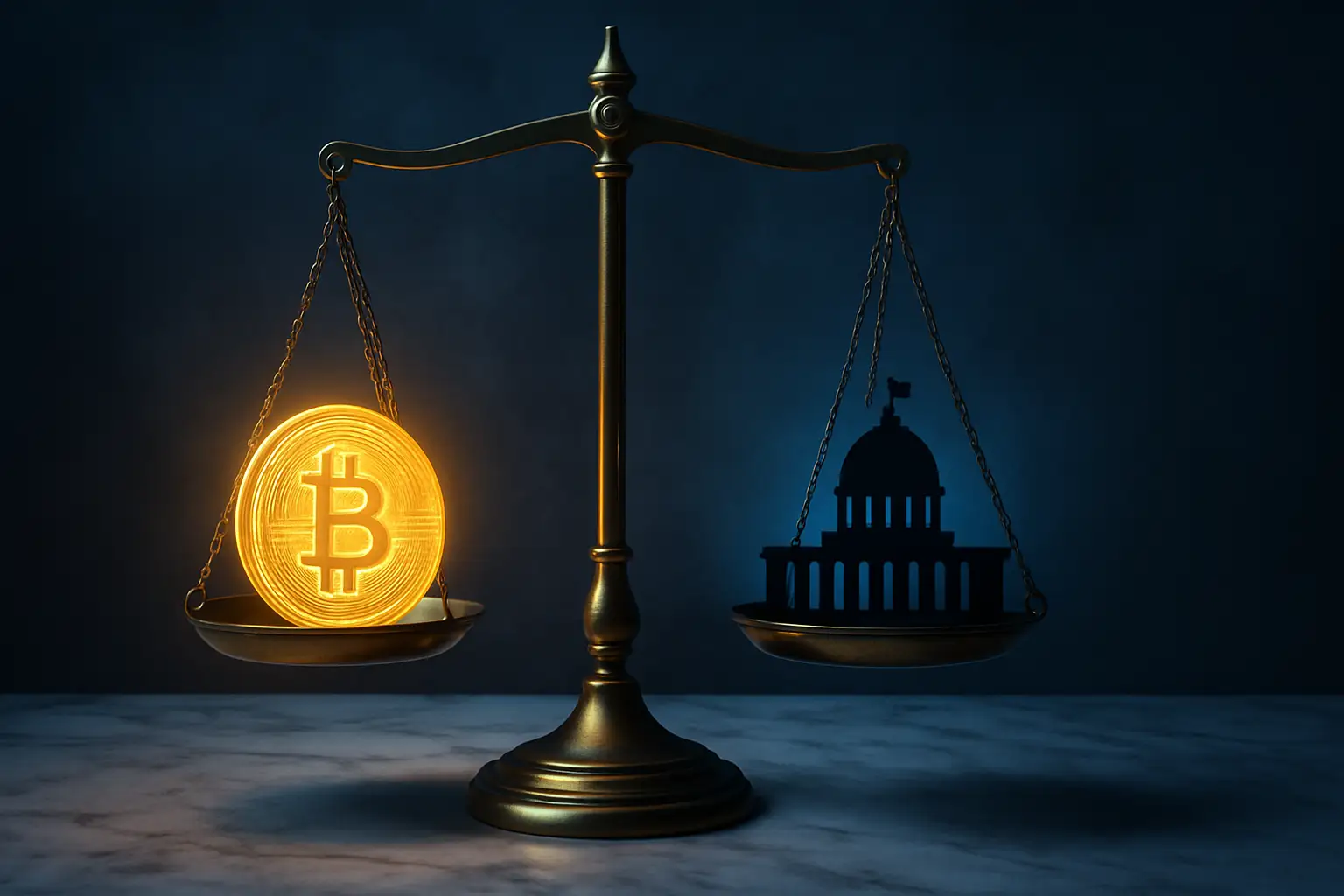 A symbolic scale balancing a cryptocurrency coin against the White House, representing public concern over political conflicts of interest in crypto