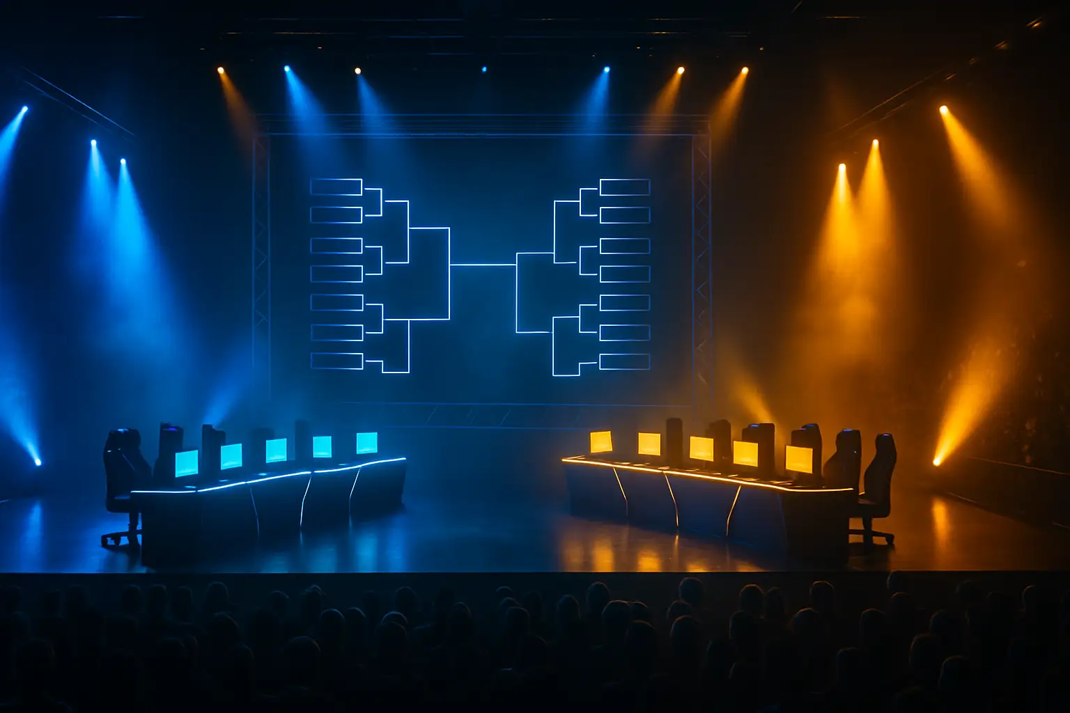 Esports arena lit with blue and gold lighting as competitors face off on stage