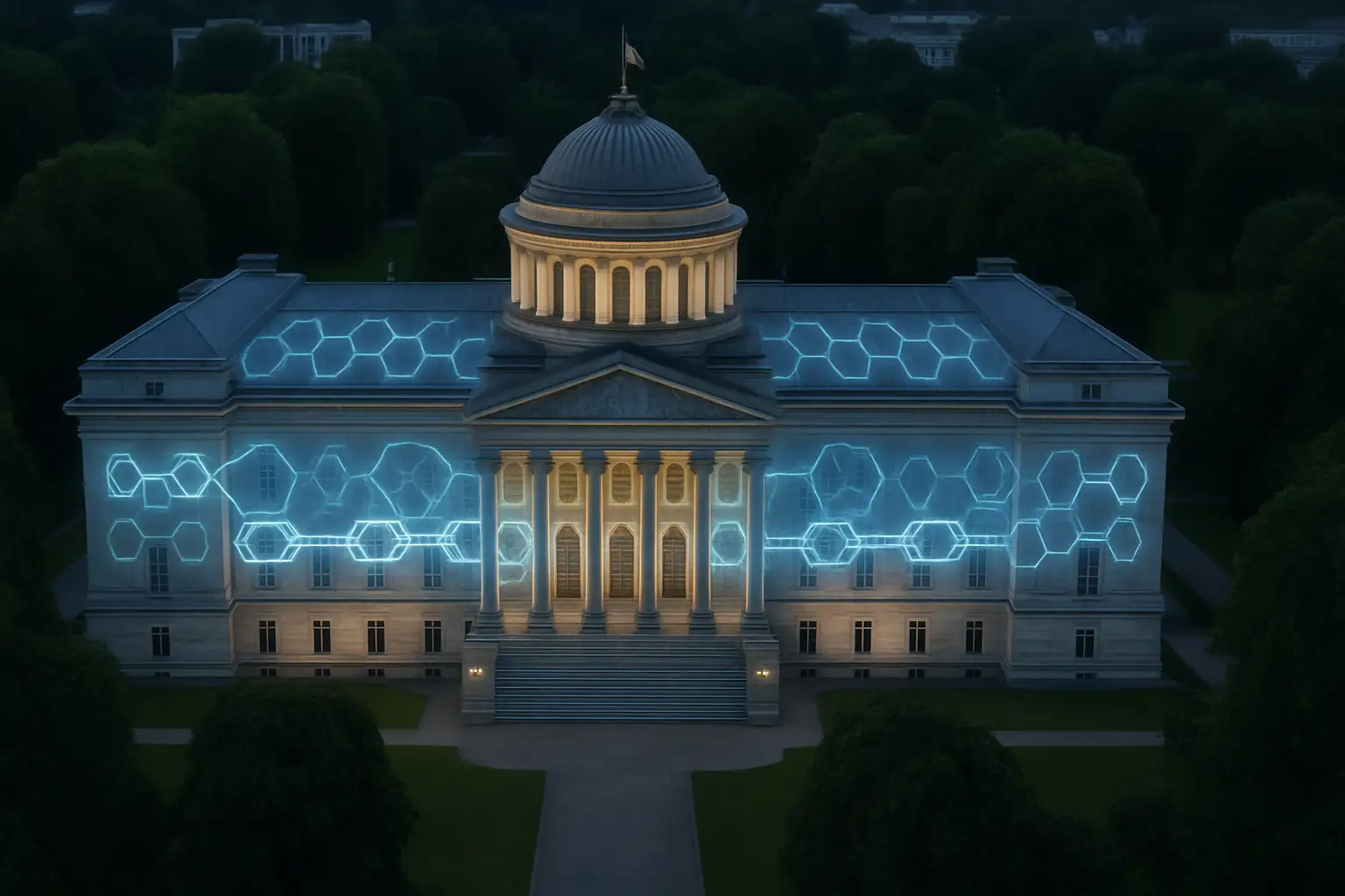 Myanmar parliament building with digital cryptocurrency symbols overlaid on the scene