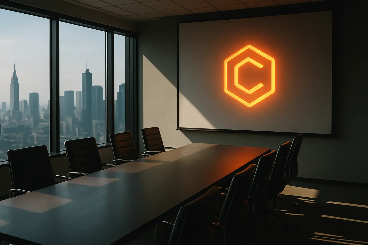 A corporate boardroom with a Bitcoin symbol projected on the wall, empty chairs suggesting a major strategic decision