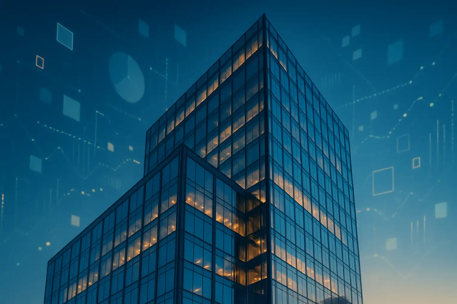 A modern bank building exterior with digital currency symbols overlaid in a financial district setting