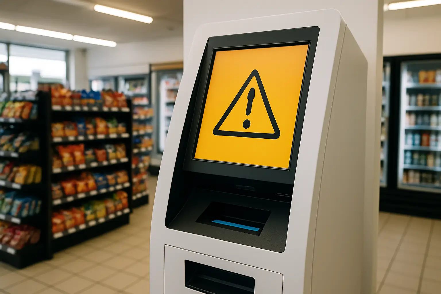 A cryptocurrency ATM kiosk inside a convenience store with a warning notice displayed on the screen