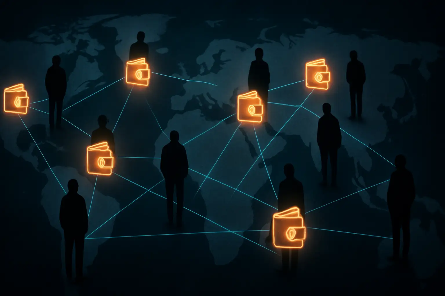 Shadowy network of digital currency transactions connecting anonymous figures across a dark global map