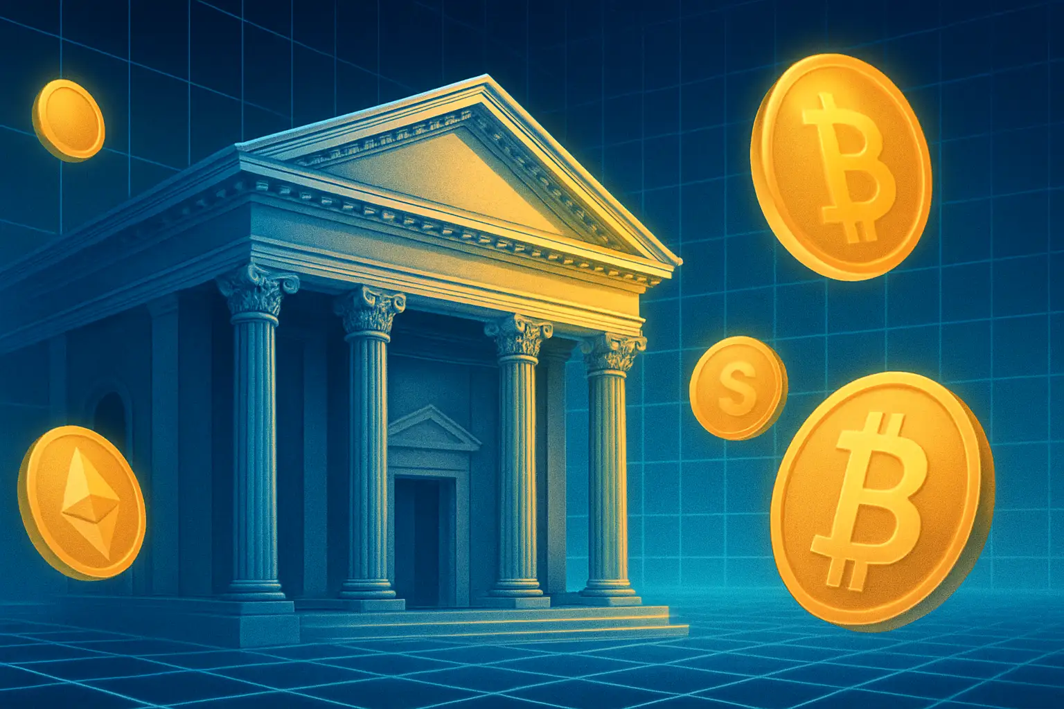 A digital representation of a bank building merging with Bitcoin and cryptocurrency symbols against a blue background