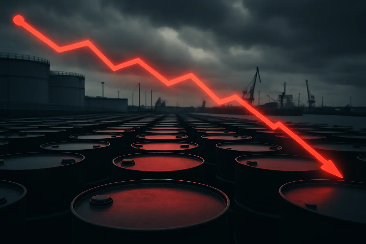 Oil barrels stacked at a port with a declining price chart overlay