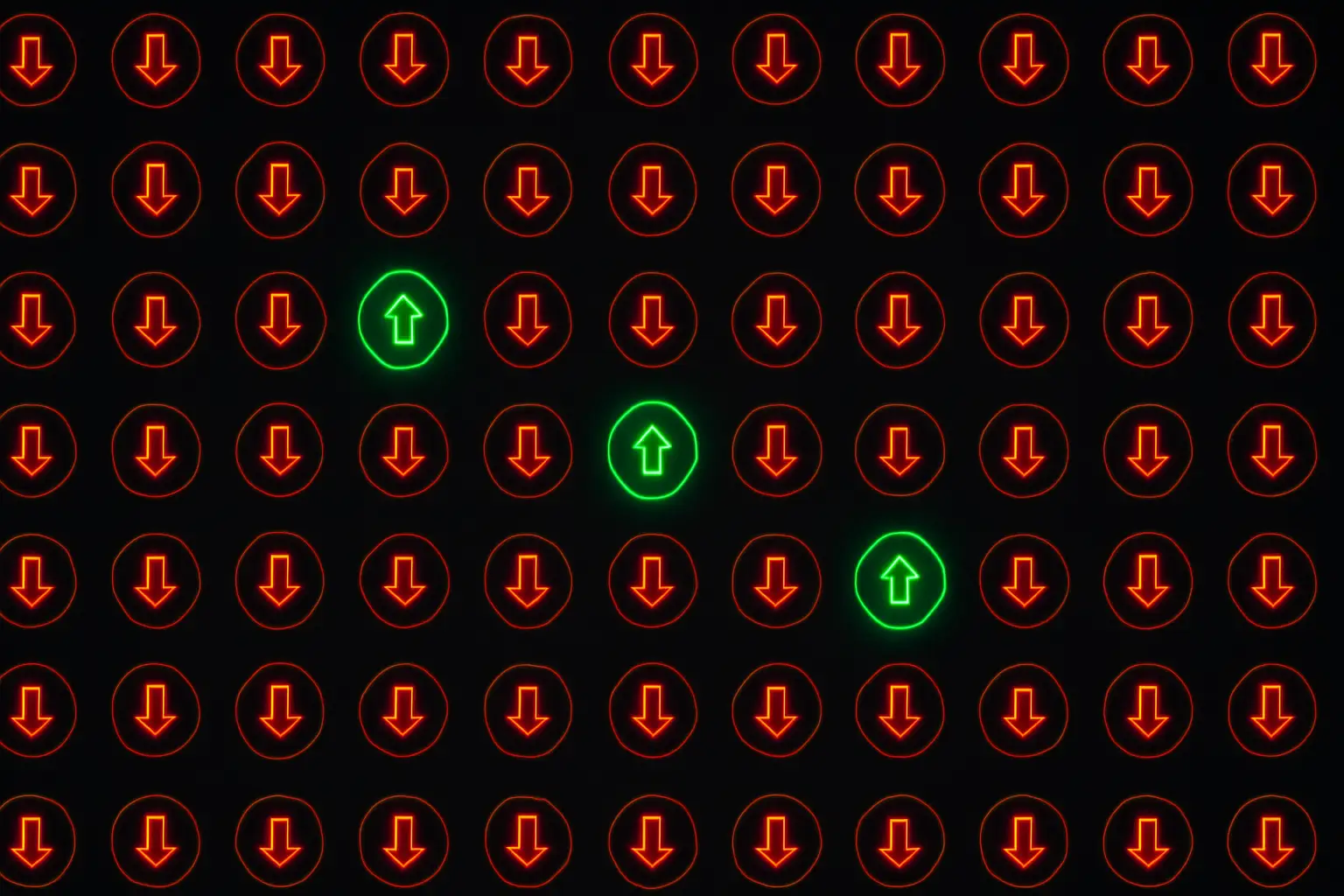 Red downward arrows over a grid of cryptocurrency token icons on a dark digital background