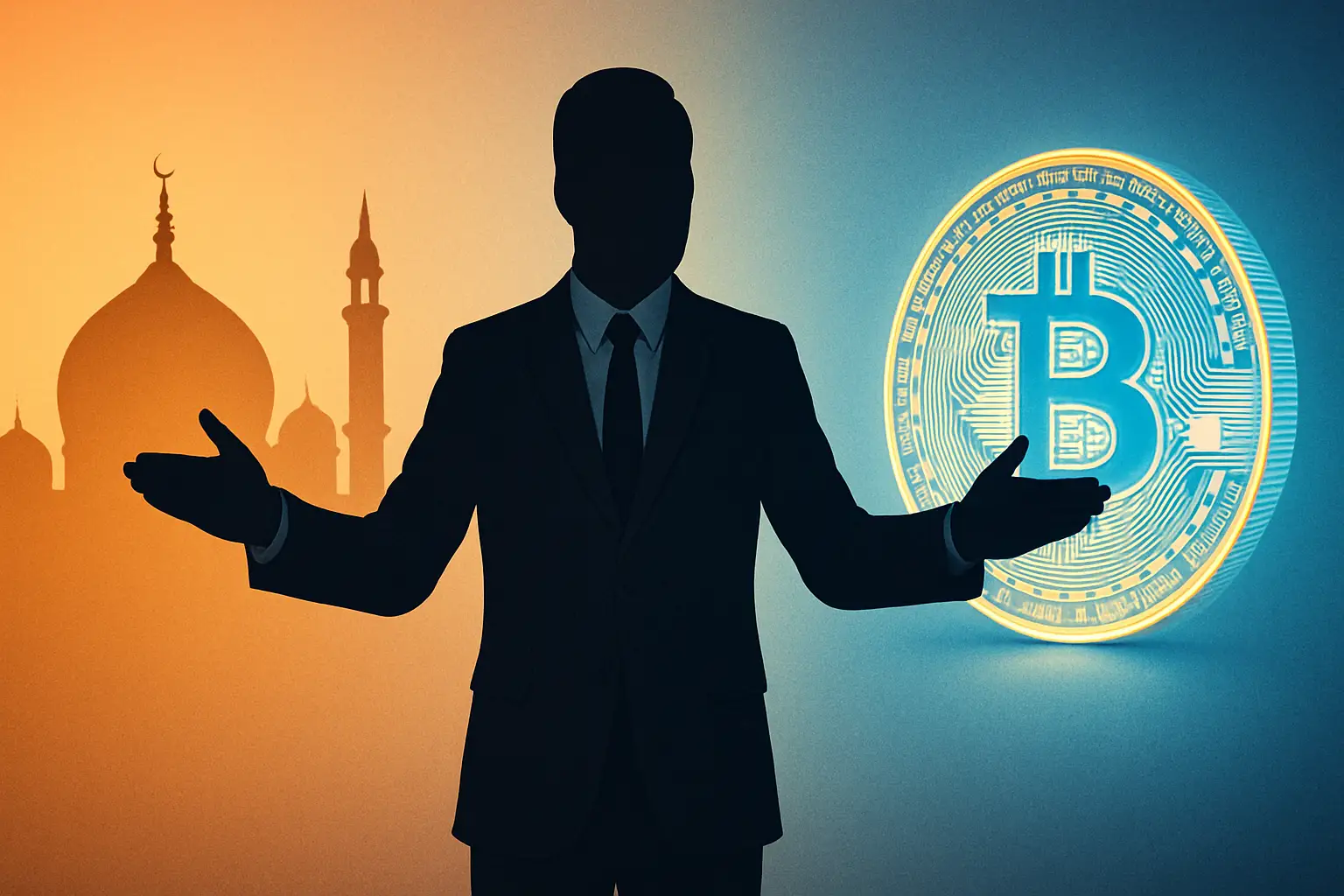 A mosque and digital currency symbols side by side, representing the intersection of Islamic law and cryptocurrency in Pakistan