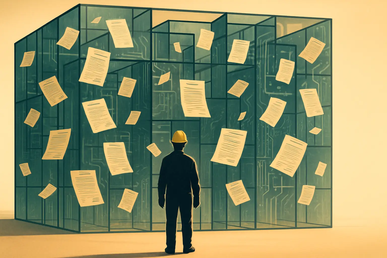 Abstract illustration of a digital builder blocked by a maze of regulatory barriers