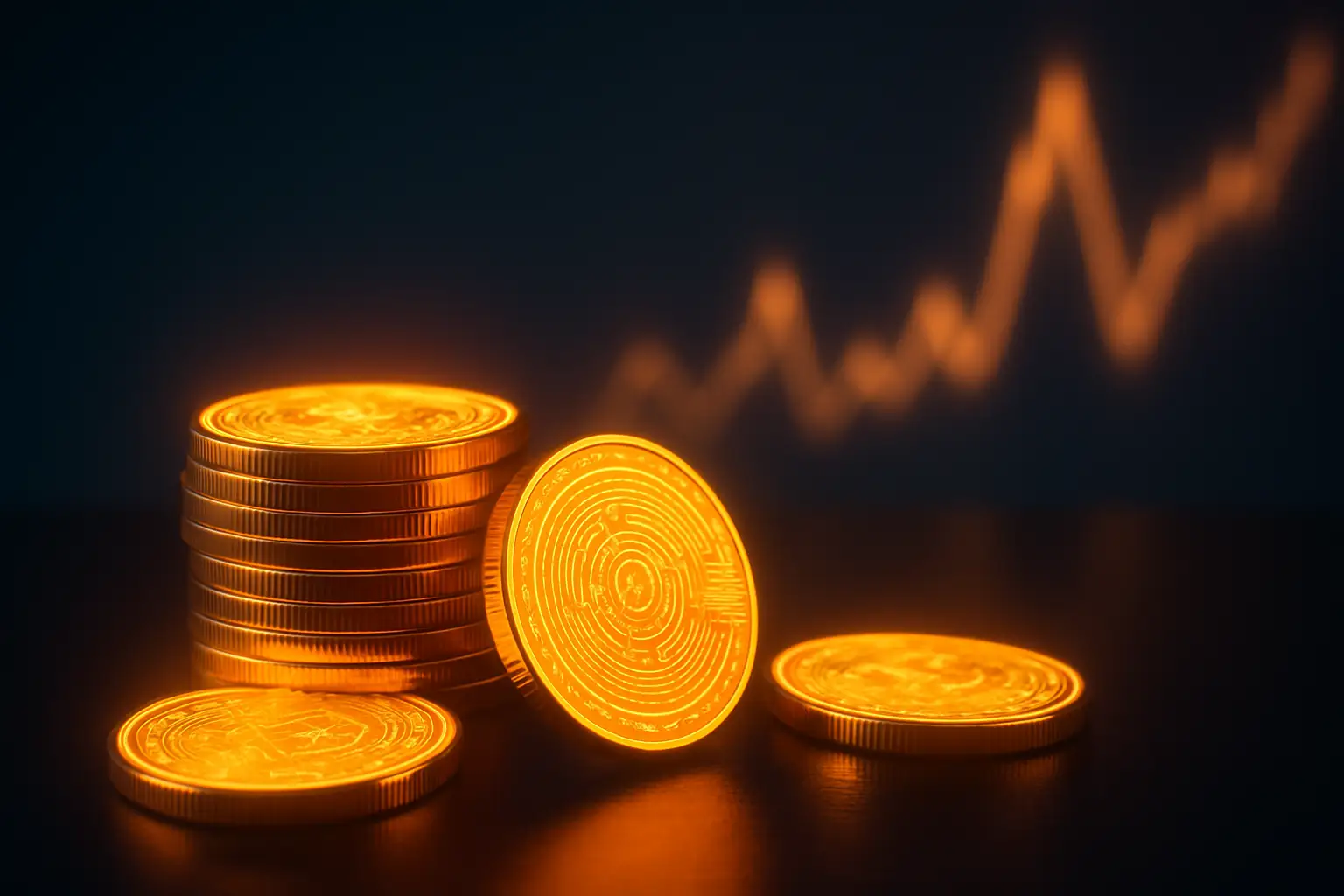 Digital coins and upward price chart on a dark blue background representing crypto market momentum