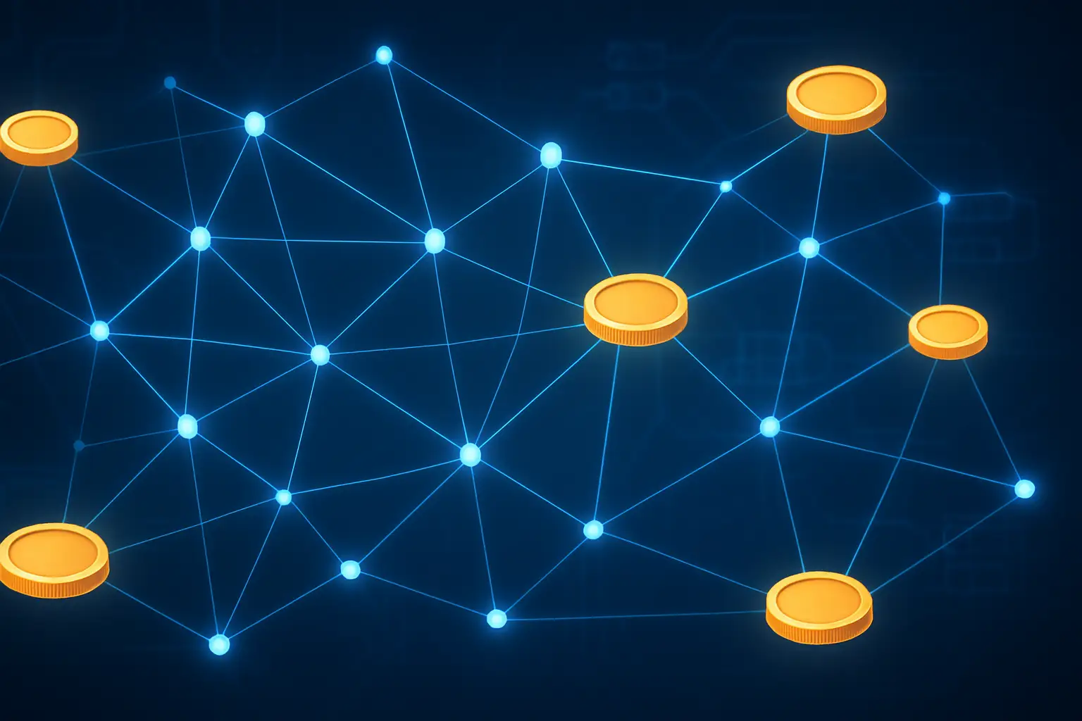 Digital coins and blockchain network visualized in blue and green tones