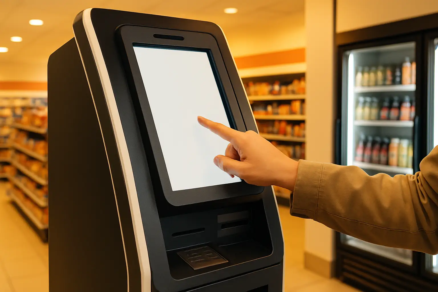 A crypto ATM machine installed in a retail location with a person interacting with the screen