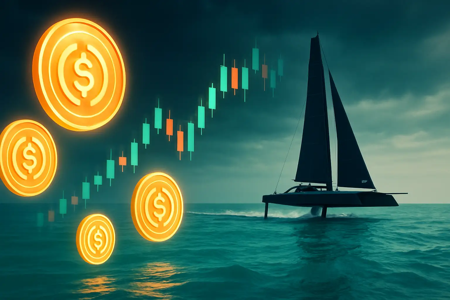 Abstract visualization of a prediction market price chart overlaid on a stylized ocean racing scene