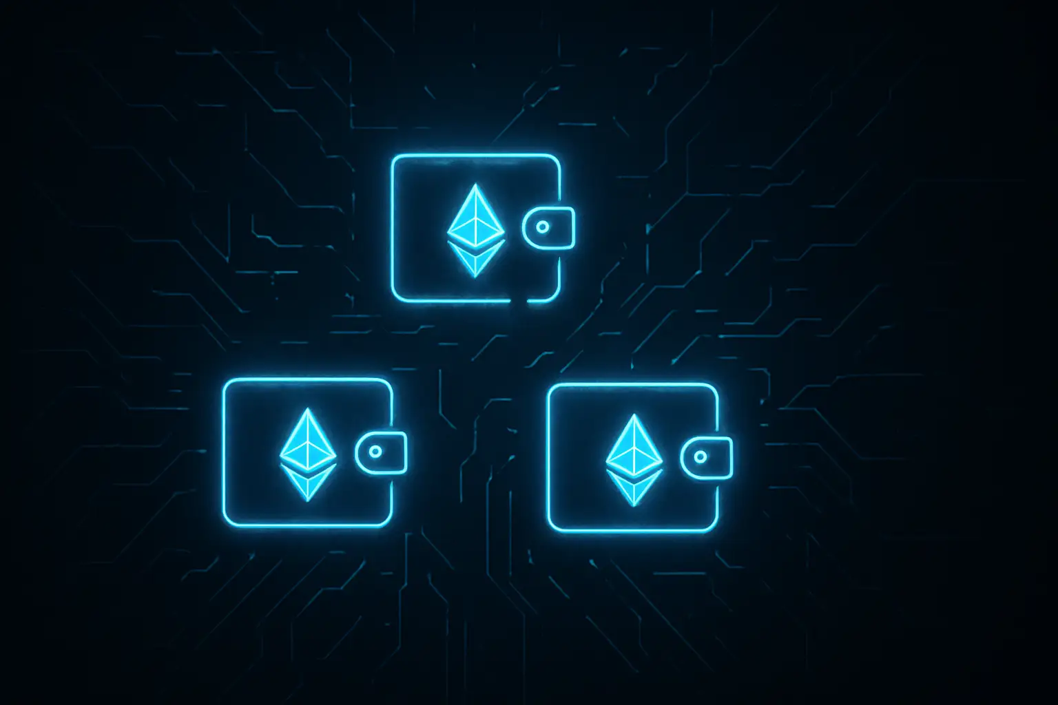 Three glowing Ethereum wallet icons on a dark digital background with security breach imagery