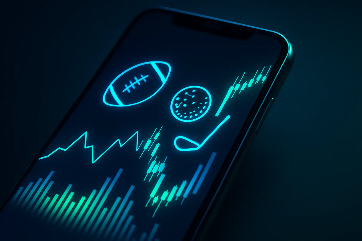 A smartphone displaying a prediction market interface with sports and crypto icons floating around it