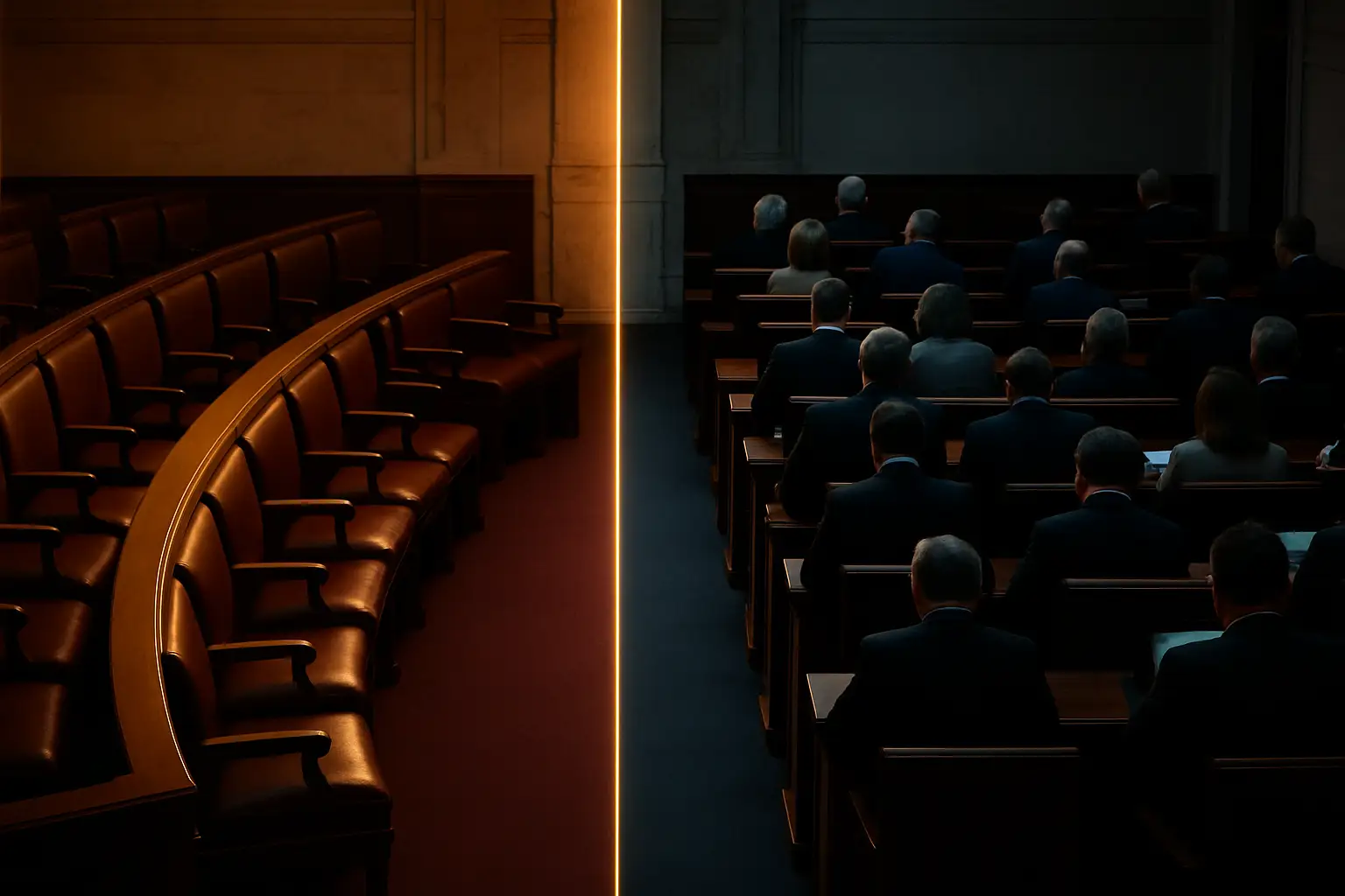 A divided group of lawmakers seated in a legislative chamber, some looking tense and others conferring quietly