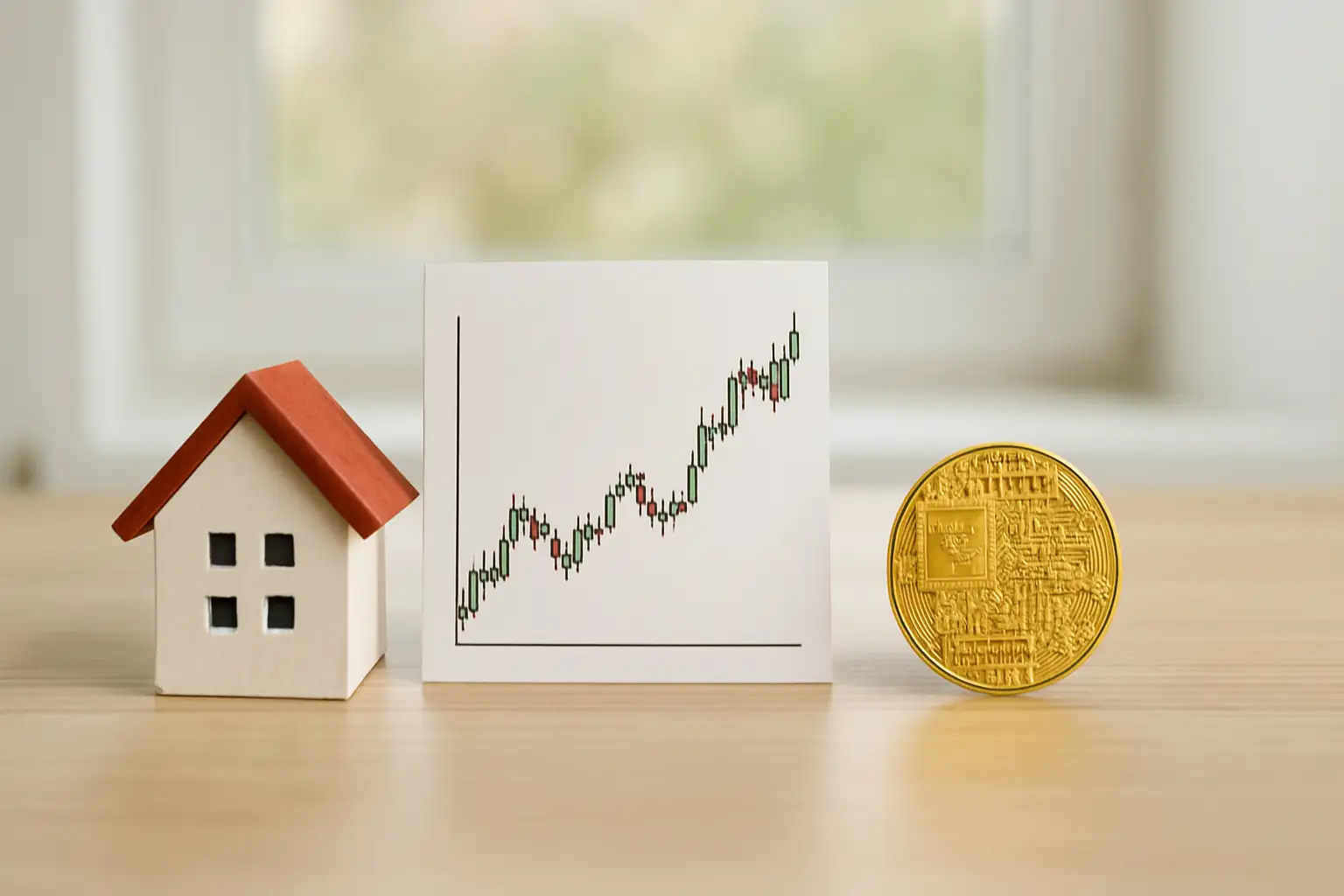 Three investment icons representing property, stocks and cryptocurrency side by side on a financial planning desk