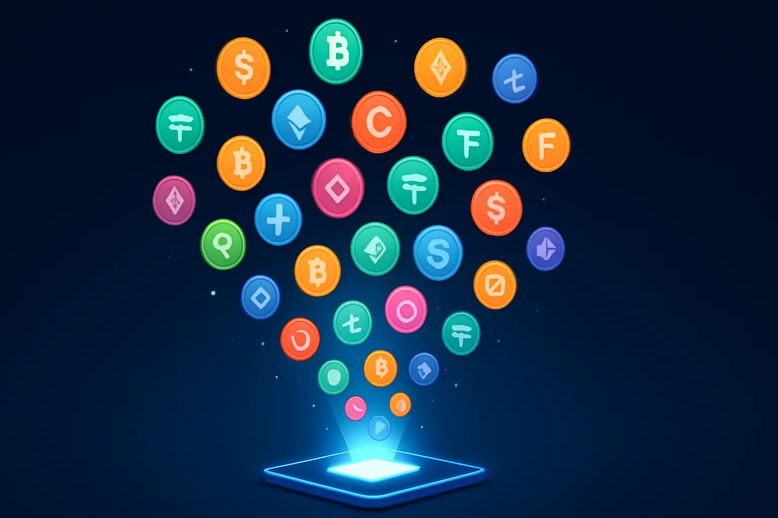 Abstract visualization of memecoin tokens launching upward on a digital trading platform interface