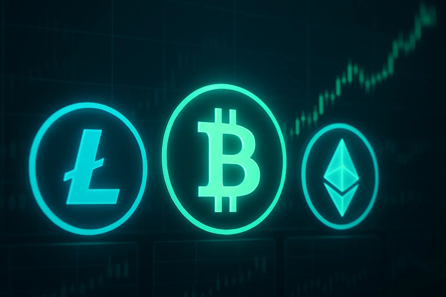 Three rising cryptocurrency tokens displayed on trading screens with upward price charts
