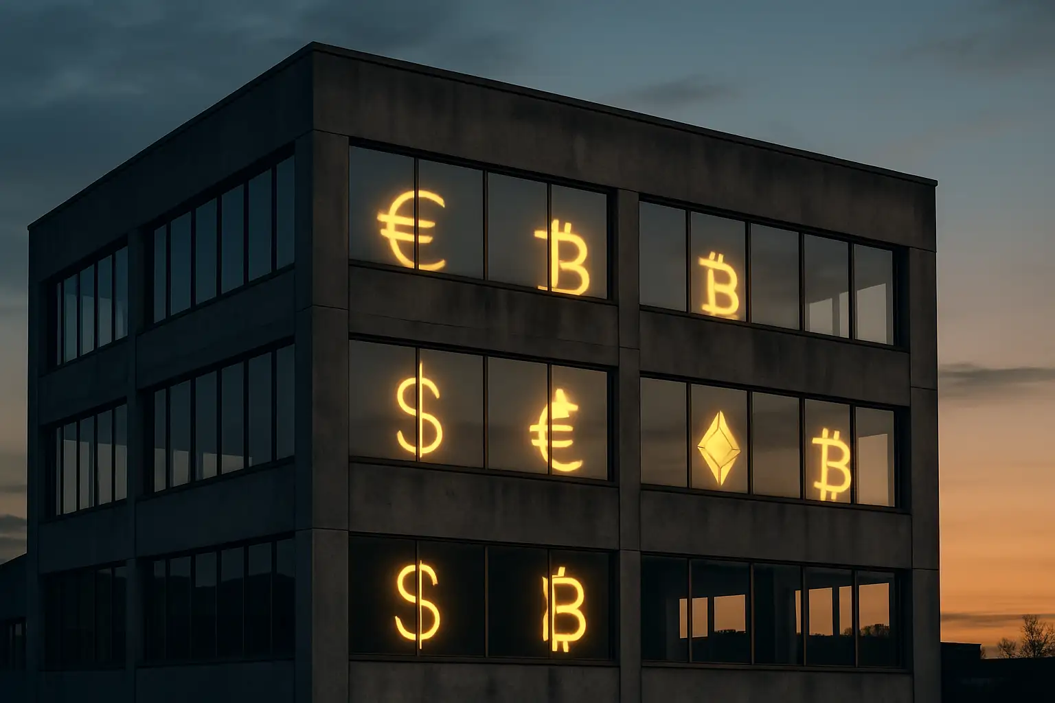 A crumbling building facade with glowing crypto coin symbols reflected in the windows