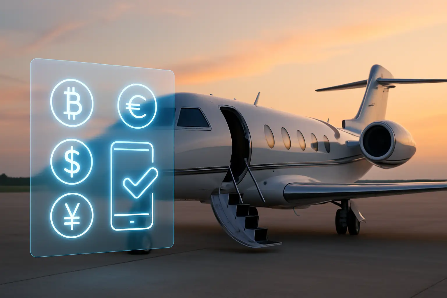 A sleek private jet on a tarmac with a digital payment interface glowing in the foreground
