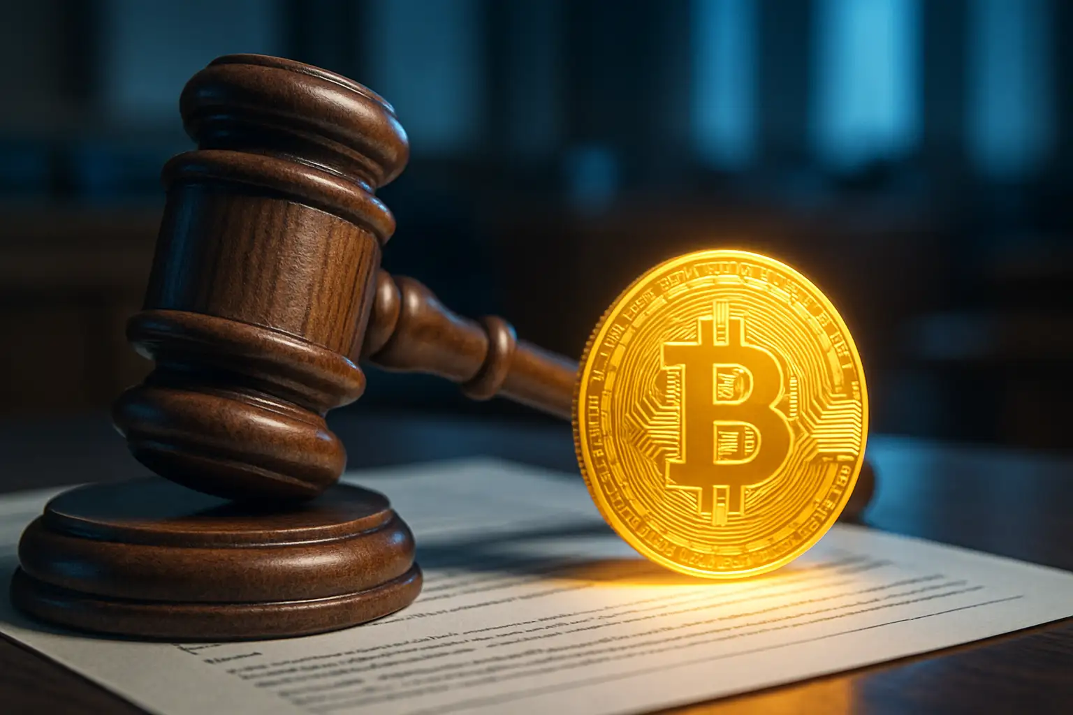 Court gavel resting beside a digital cryptocurrency coin on a legal document