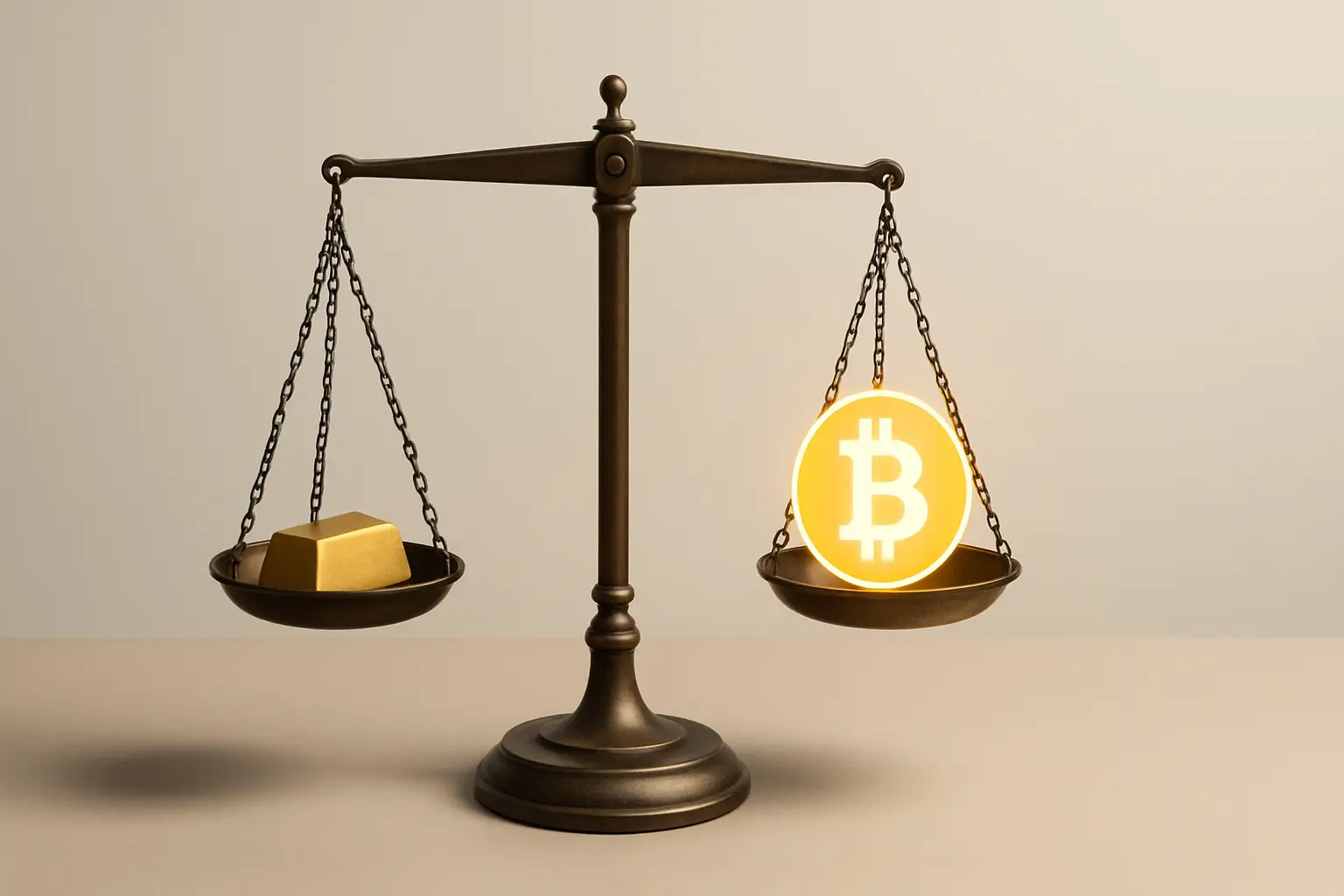 Abstract illustration of a gold bar and a digital coin sitting on opposite sides of a balance scale