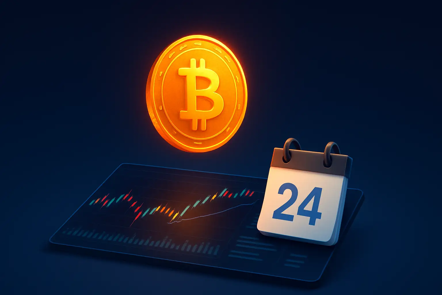 Abstract illustration of a Bitcoin symbol on a glowing digital trading interface with a calendar and clock overlay