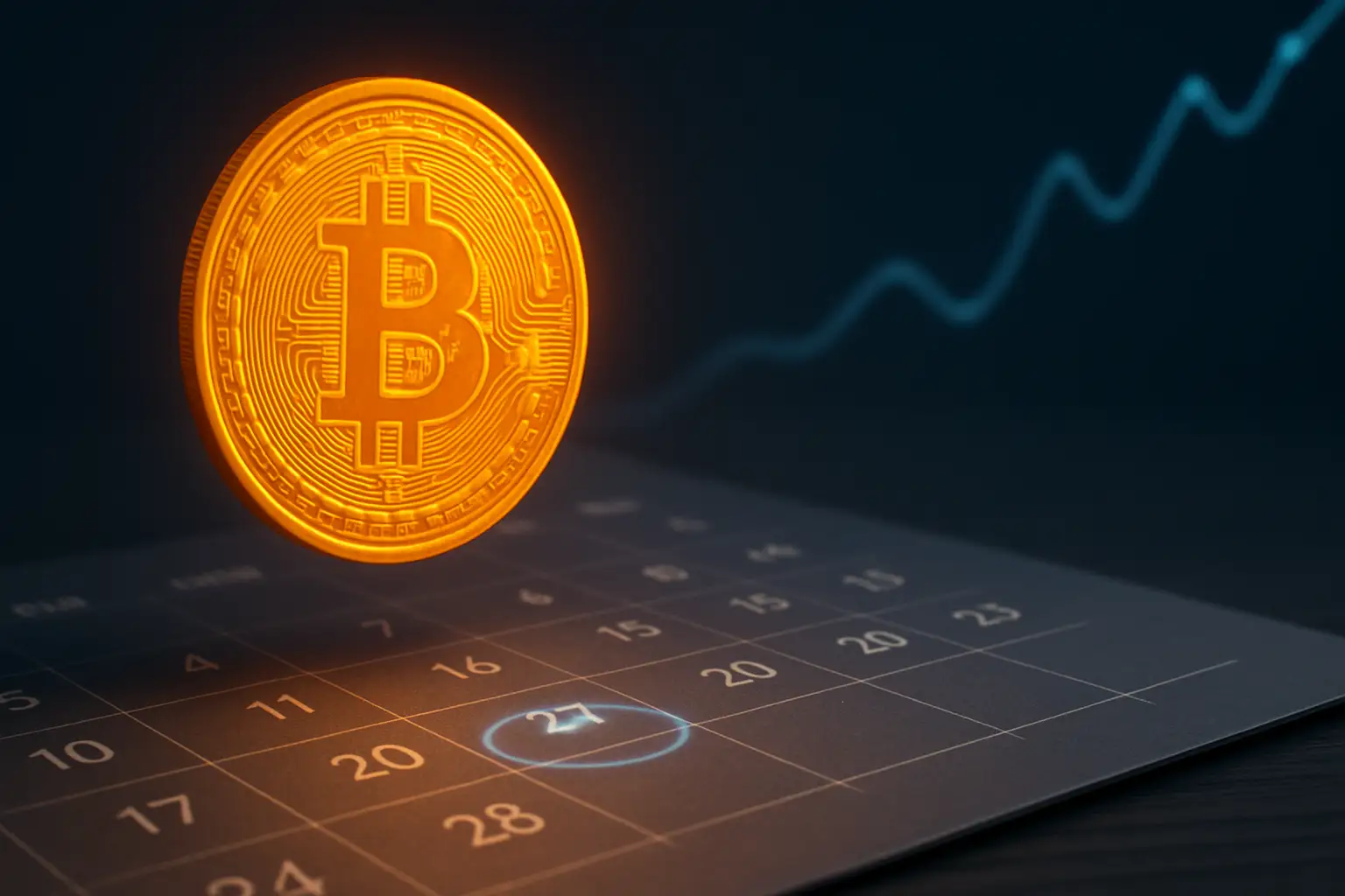 A glowing Bitcoin symbol above a timeline chart pointing to a future date, representing a crypto prediction market contract