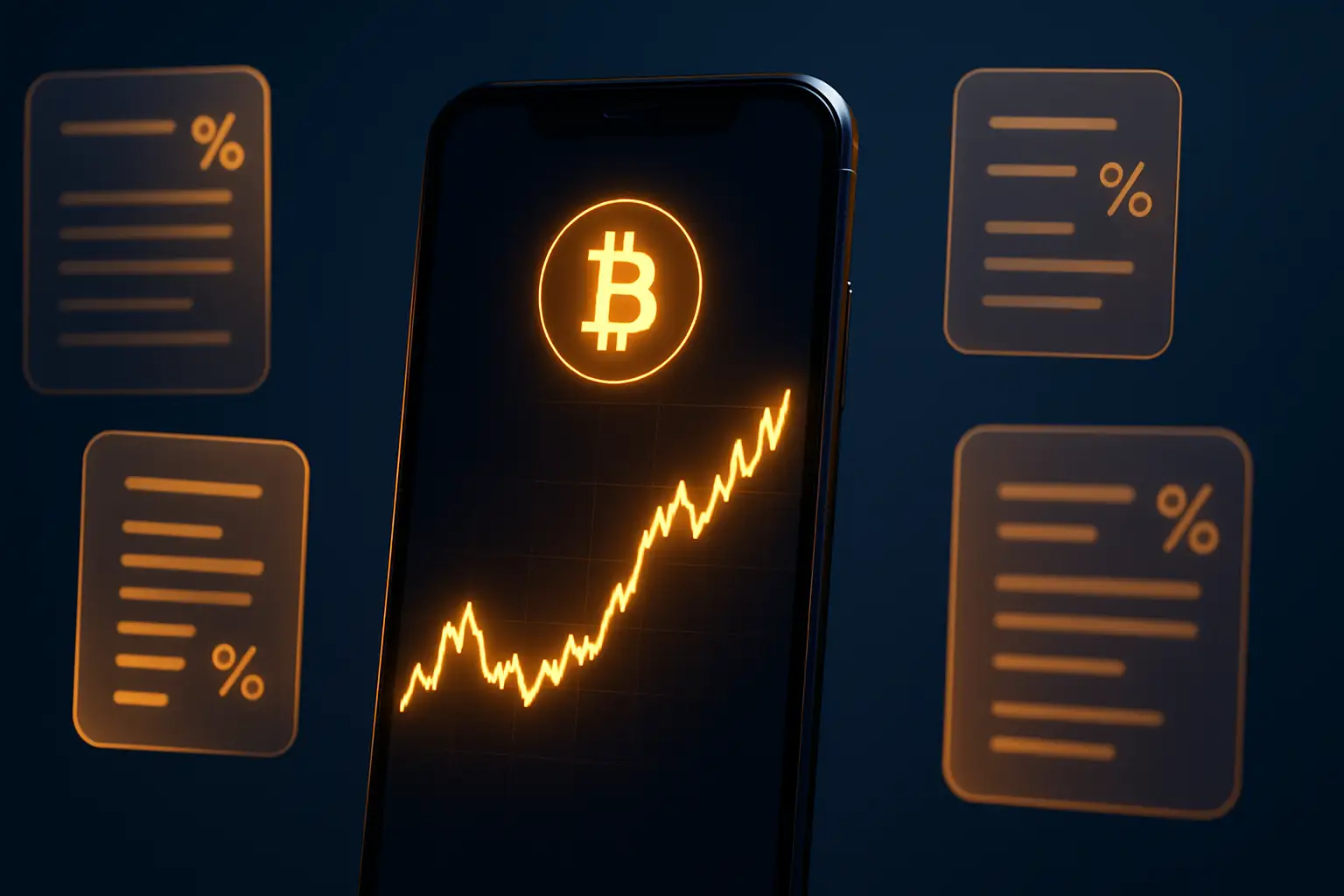 A smartphone showing a Bitcoin price chart next to prediction market contract cards on a dark background