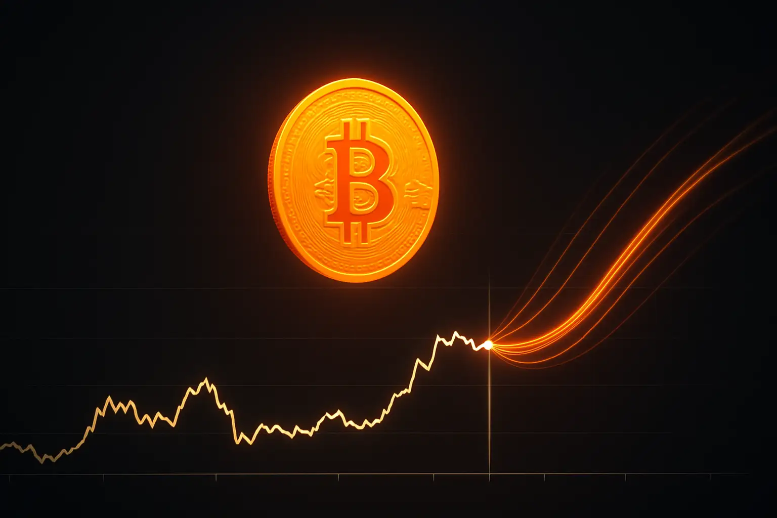 A digital Bitcoin symbol hovering above a timeline graph with a glowing target date marker