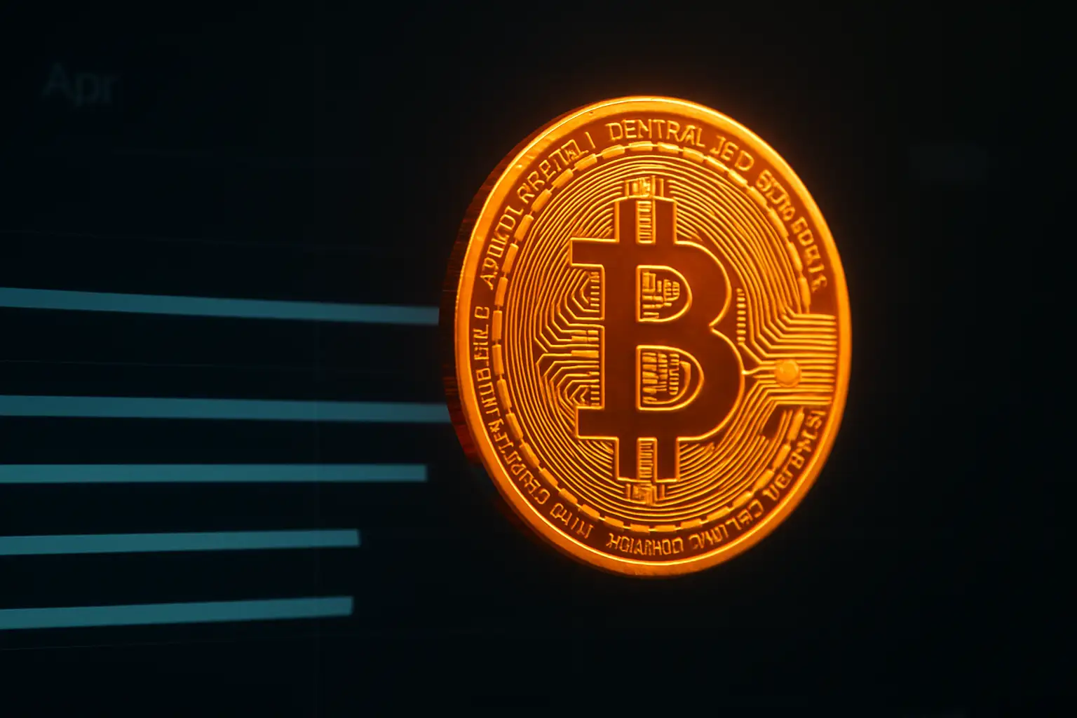 A glowing Bitcoin symbol above a digital chart with price range brackets highlighted