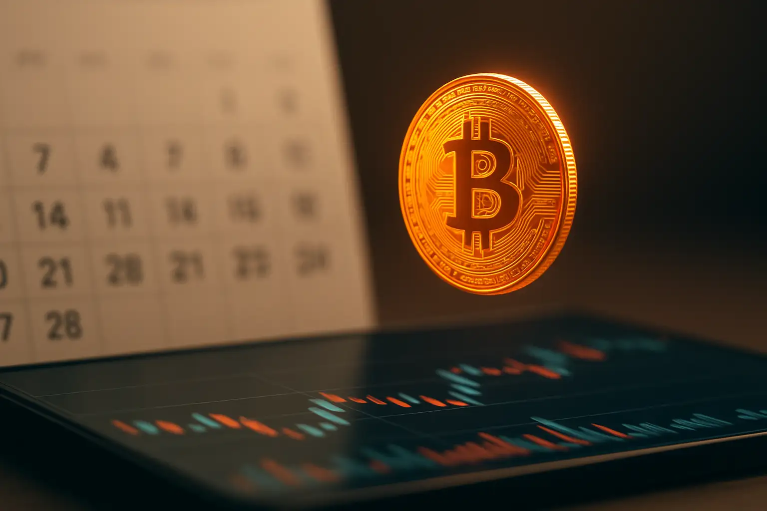 Digital Bitcoin symbol overlaid on a prediction market chart with a calendar showing July 2026