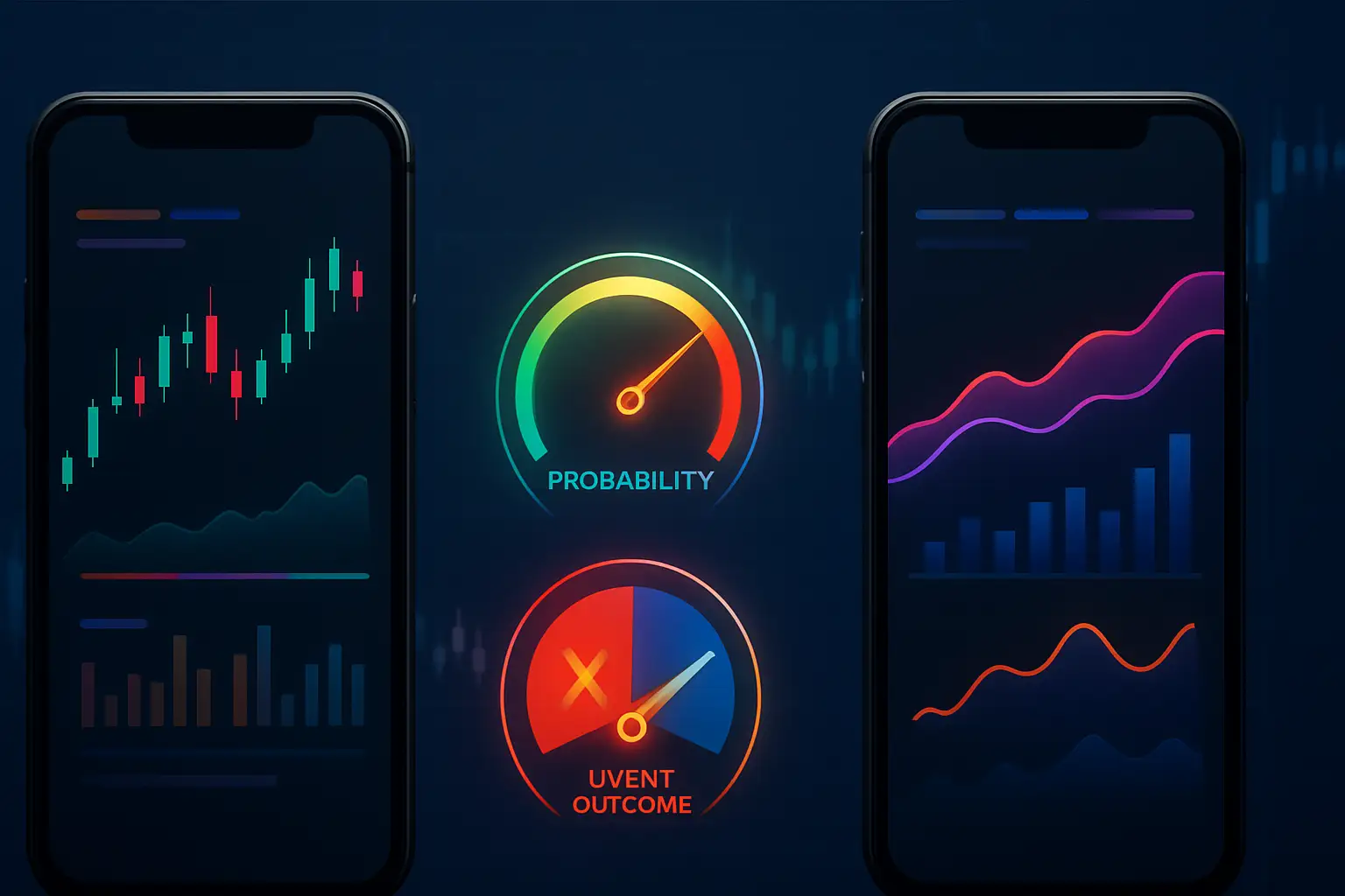 Two trading platform interfaces merging into a prediction market dashboard on a smartphone screen