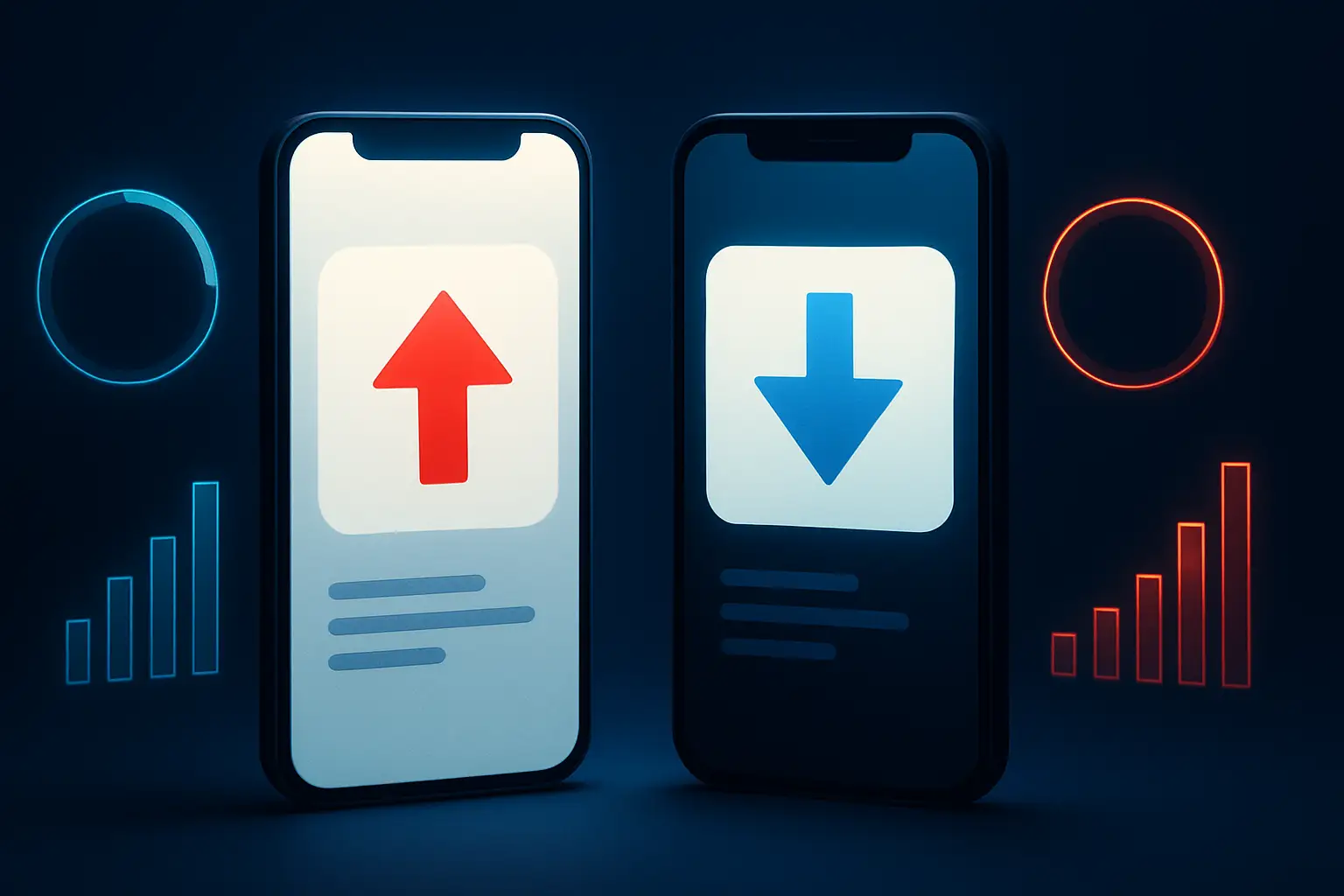 Two digital trading platforms represented as competing icons on a glowing screen with market data in the background