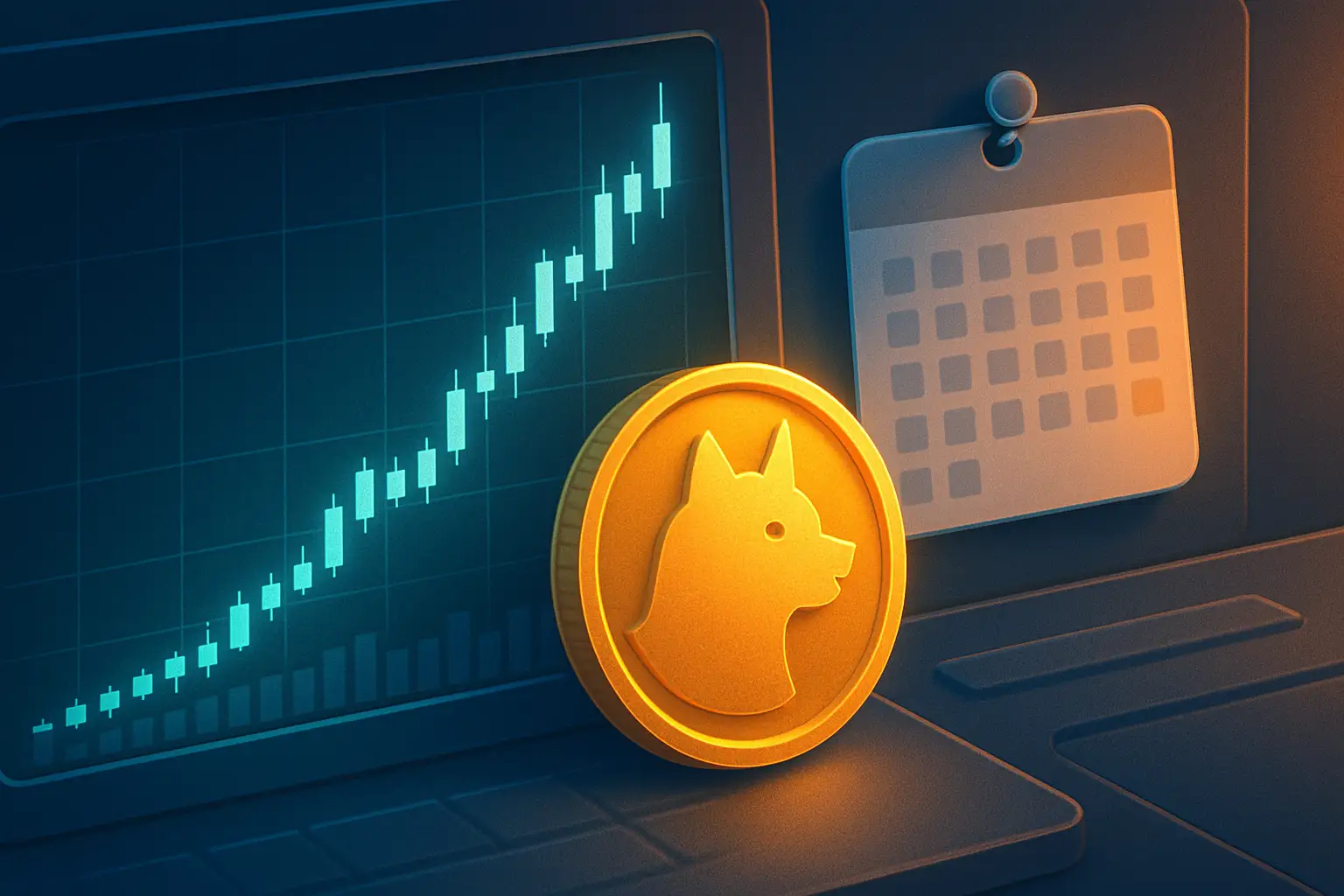 Digital illustration of a Dogecoin symbol on a glowing screen with a calendar showing a future date