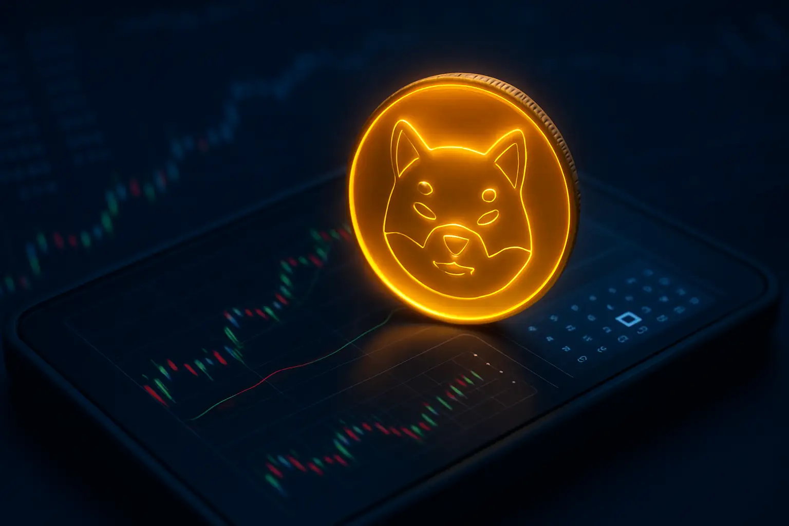 Digital illustration of a Dogecoin symbol on a trading screen with a calendar showing a future date
