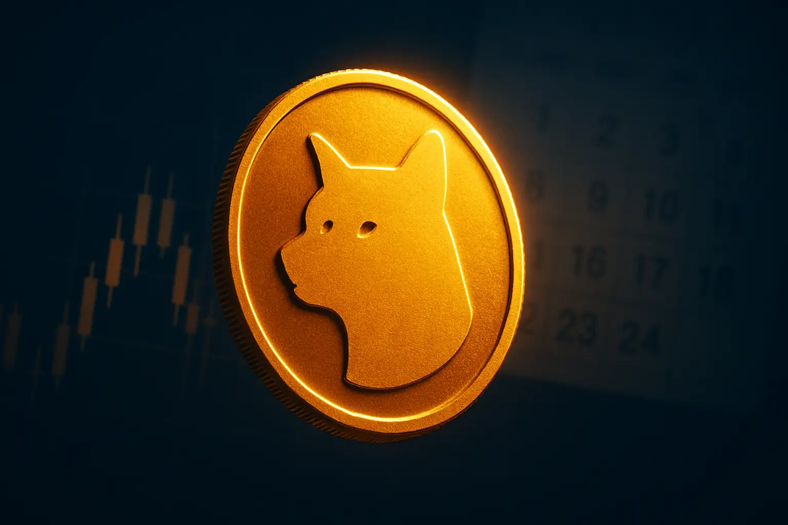 Digital illustration of the Dogecoin symbol against a glowing market chart with a calendar showing August 2026