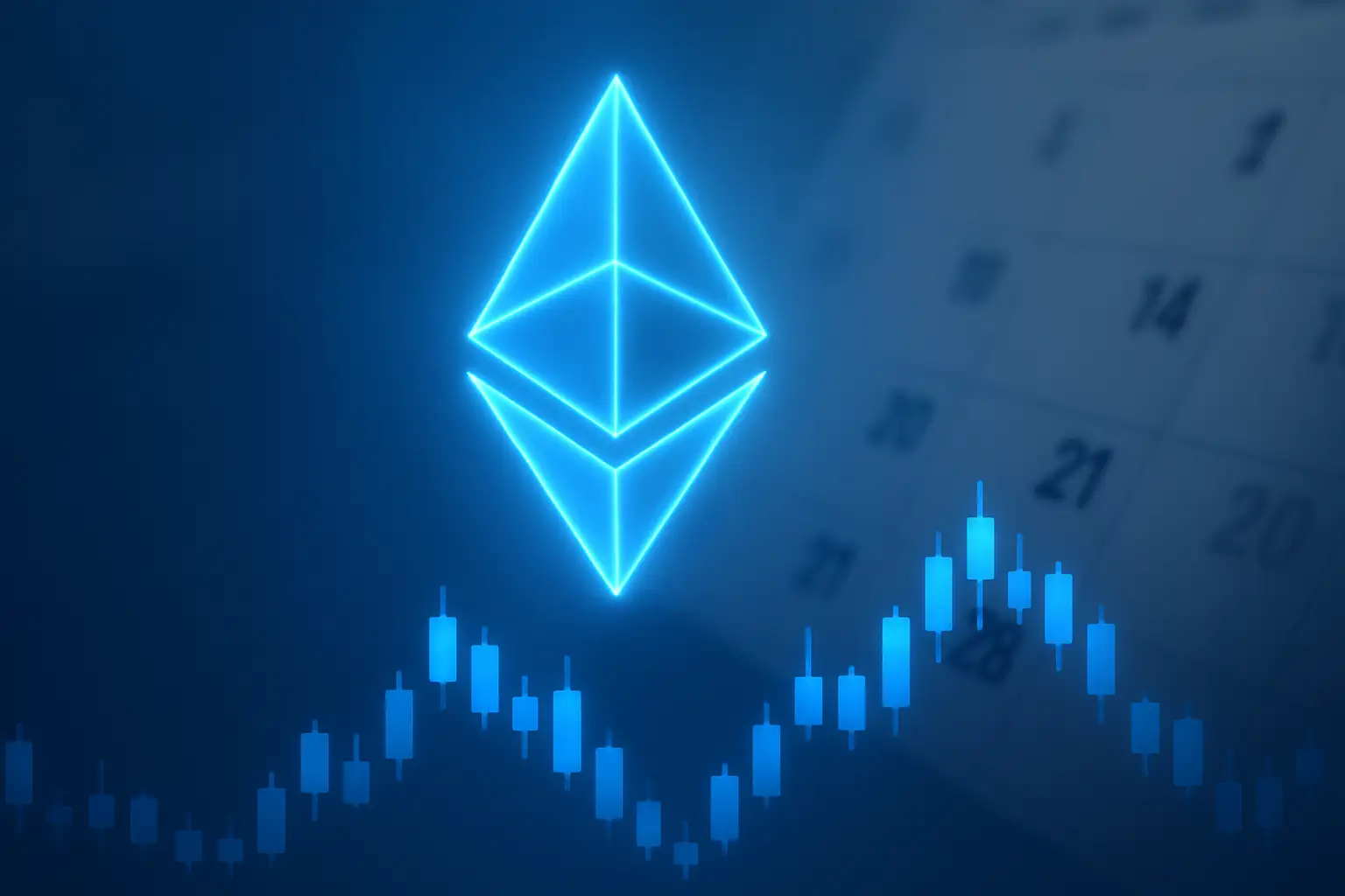 Digital Ethereum logo glowing above a trading chart with a calendar showing August 2026