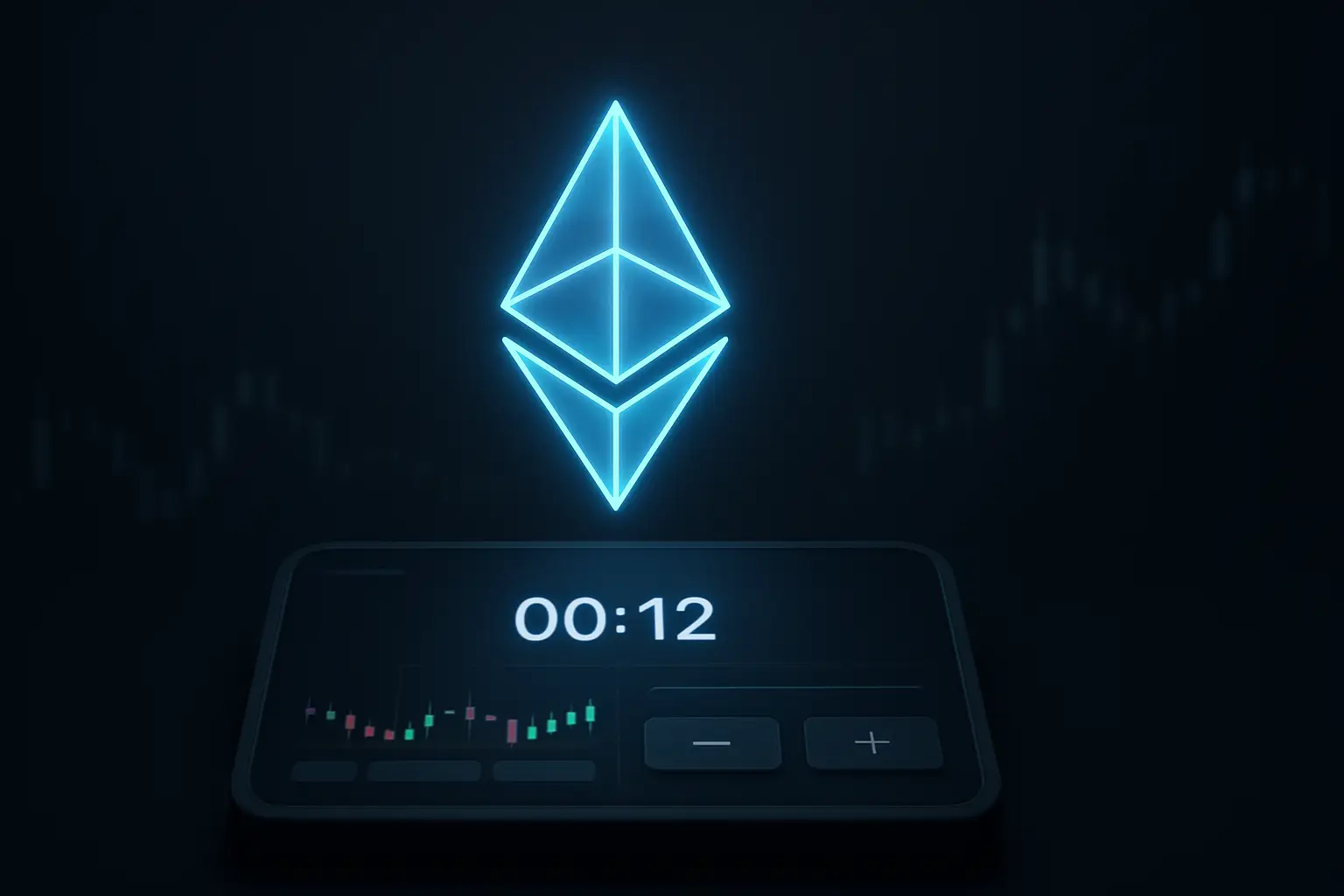 Ethereum logo displayed on a trading screen with a calendar showing a future date