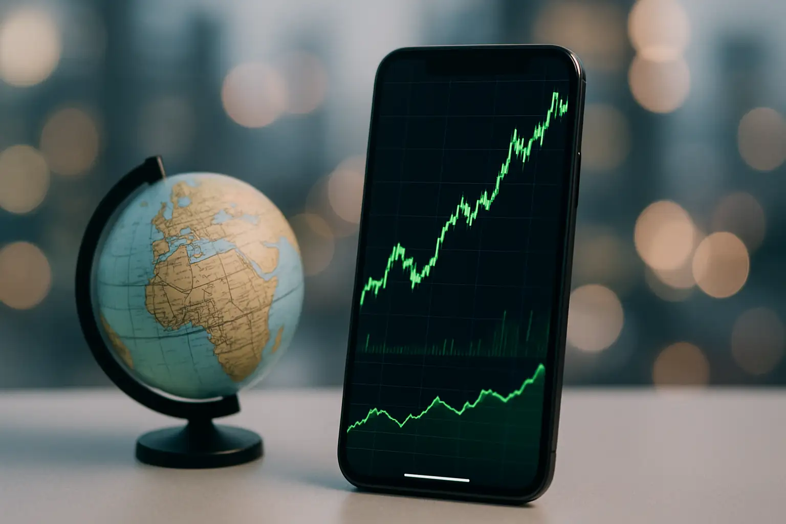 Robinhood app on a smartphone with European city skyline and financial chart in the background