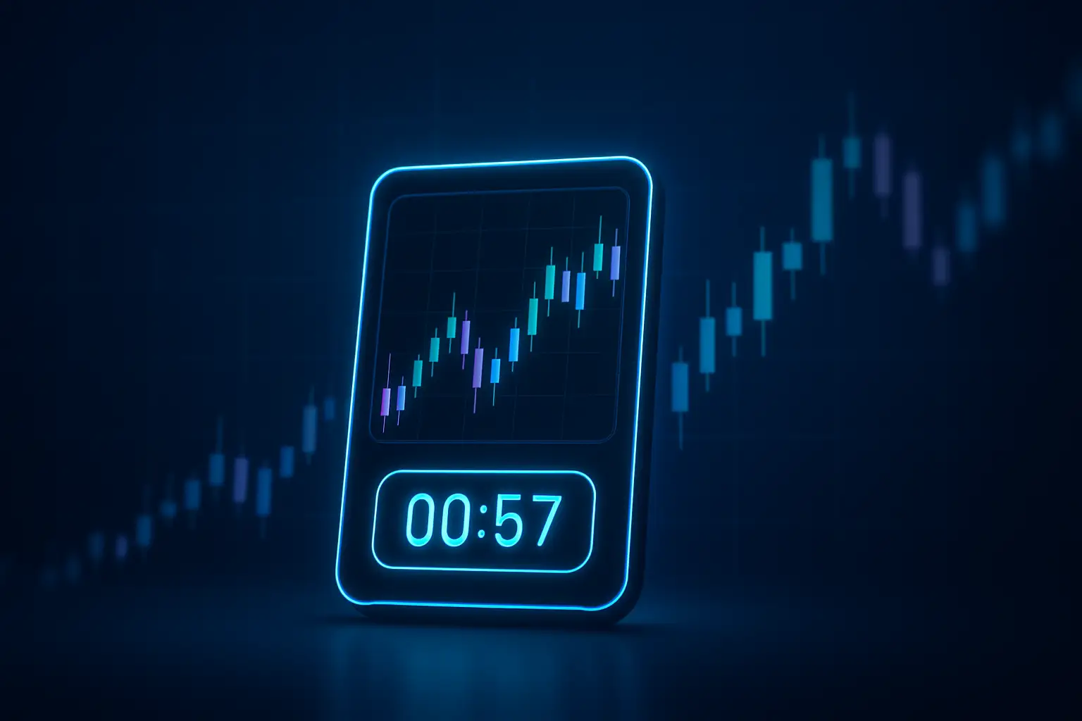 Stylized digital trading screen showing a countdown clock and crypto price chart