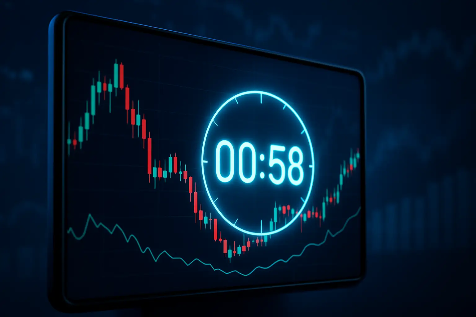 A digital trading interface showing a crypto price chart with a countdown timer and a prediction market settlement overlay