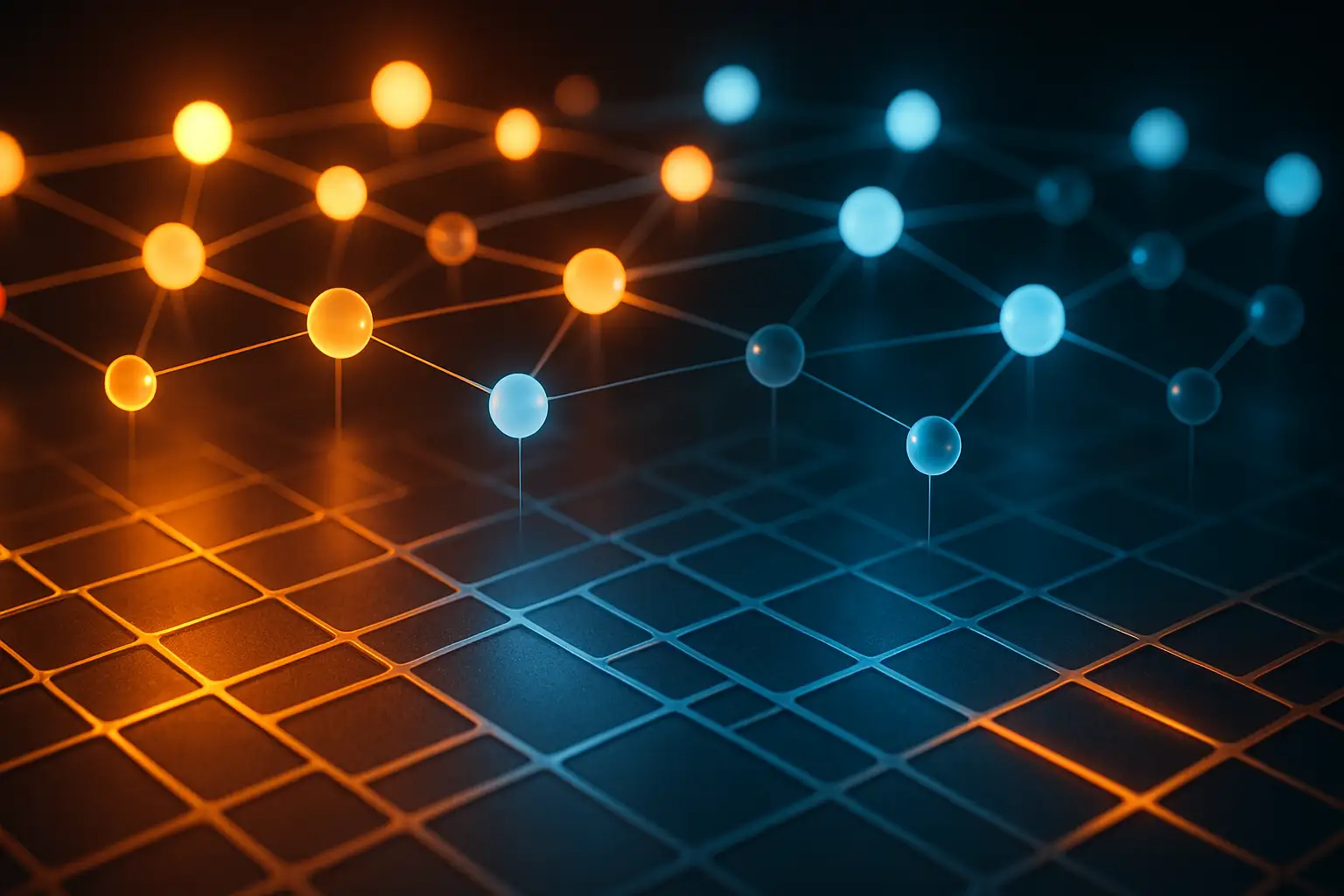 Abstract illustration of Ethereum network nodes connecting to a new layer 2 blockchain with contrasting Bitcoin and ETH symbols in the background