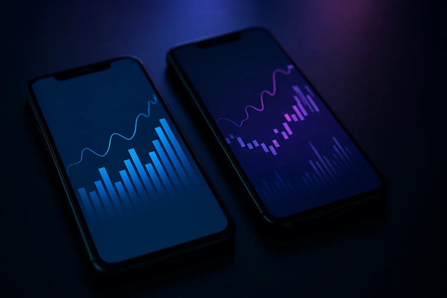 Two smartphones displaying crypto trading apps placed side by side on a reflective surface with a blurred financial chart background