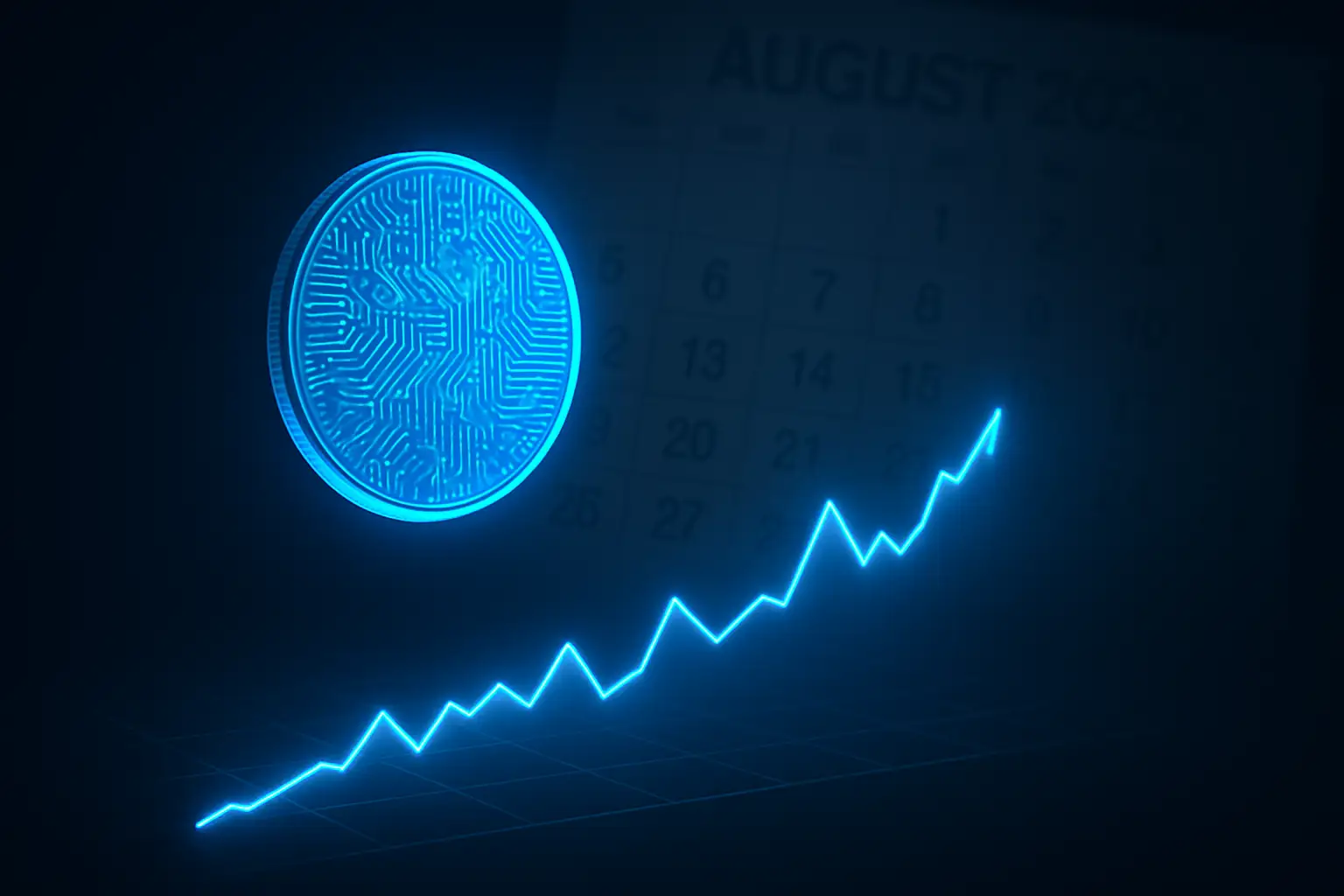 Digital XRP token symbol floating above a trading chart with a calendar showing August 2026