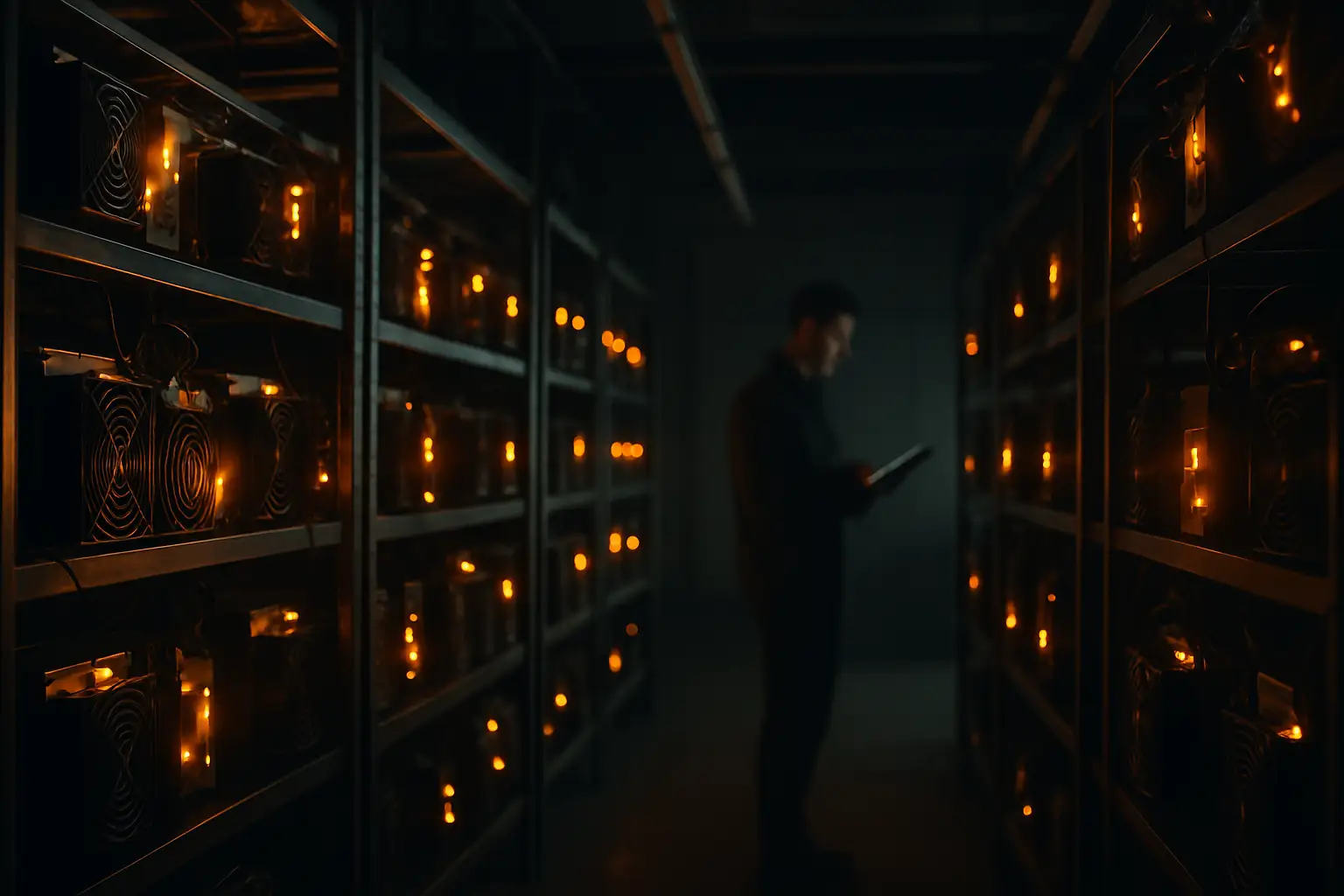 Bitcoin mining rigs in a dark server room with a countdown clock graphic overlay